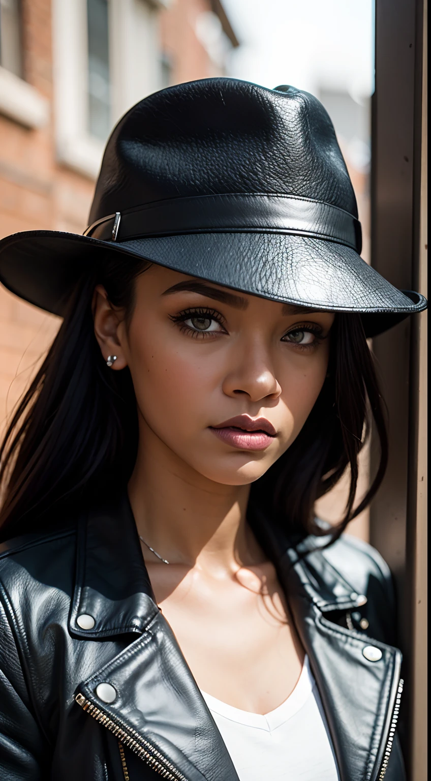 A close-up shot of a woman with a serious expression, wearing a blue leather jacket and a fedora, The background should be out of focus and feature a gritty, urban setting