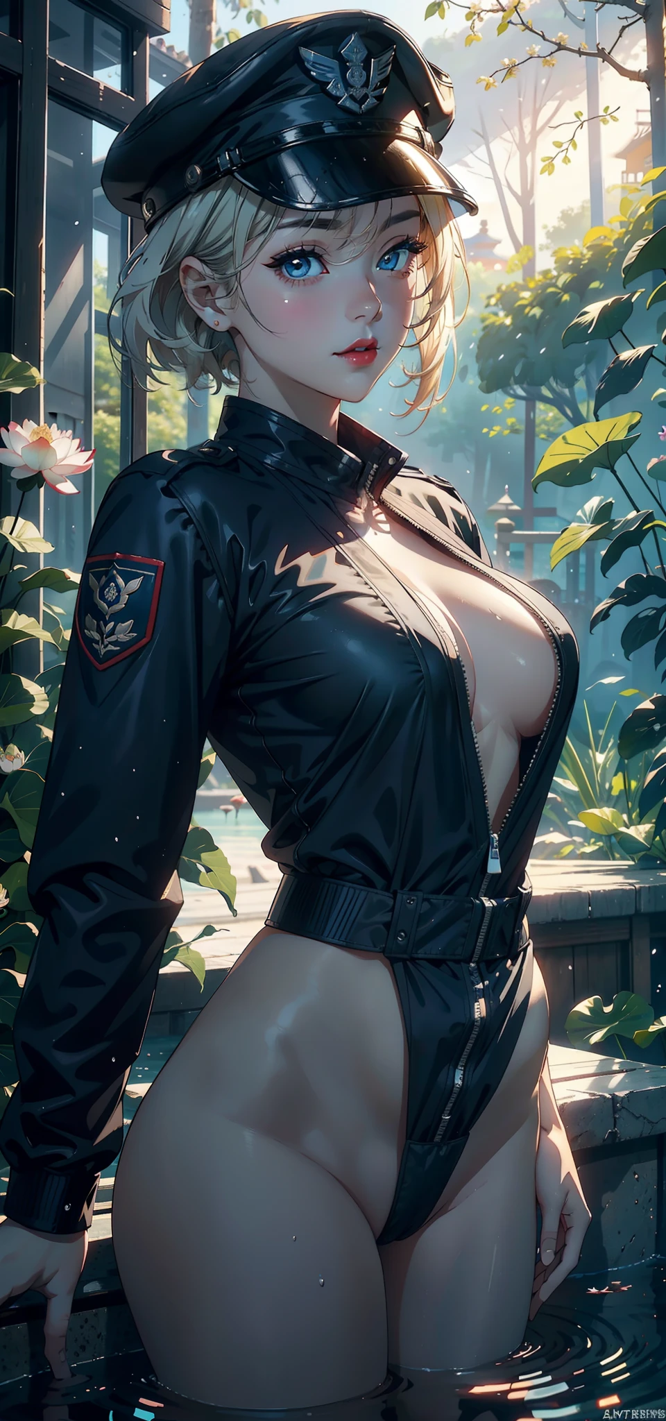 (Background with:ponds,Cherry blossom forest,lotus flower)Lie underwater, She has short blonde hair,bobo head,seen from the front,mostly cloudy sky,(((tmasterpiece),(Very detailed CG unity 8K wallpaper),best qualtiy,cinmatic lighting,detailed back ground,beatiful detailed eyes,Bright pupils,Blue eyes,Snow-whiteskin,Redlip(Very fine and beautiful),(Beautiful and detailed eye description),ultra - detailed,tmasterpiece,))facing at camera,A high resolution,ultra - detailed),revealing breasts,Bare genitalia, Bulge,legs are open,Raised sexy,Camel toes,Desire for dissatisfaction,frontage,us airforce(Wearing : black bomber jacket,Black jumpsuits ,on cheongsam)Officer's cap