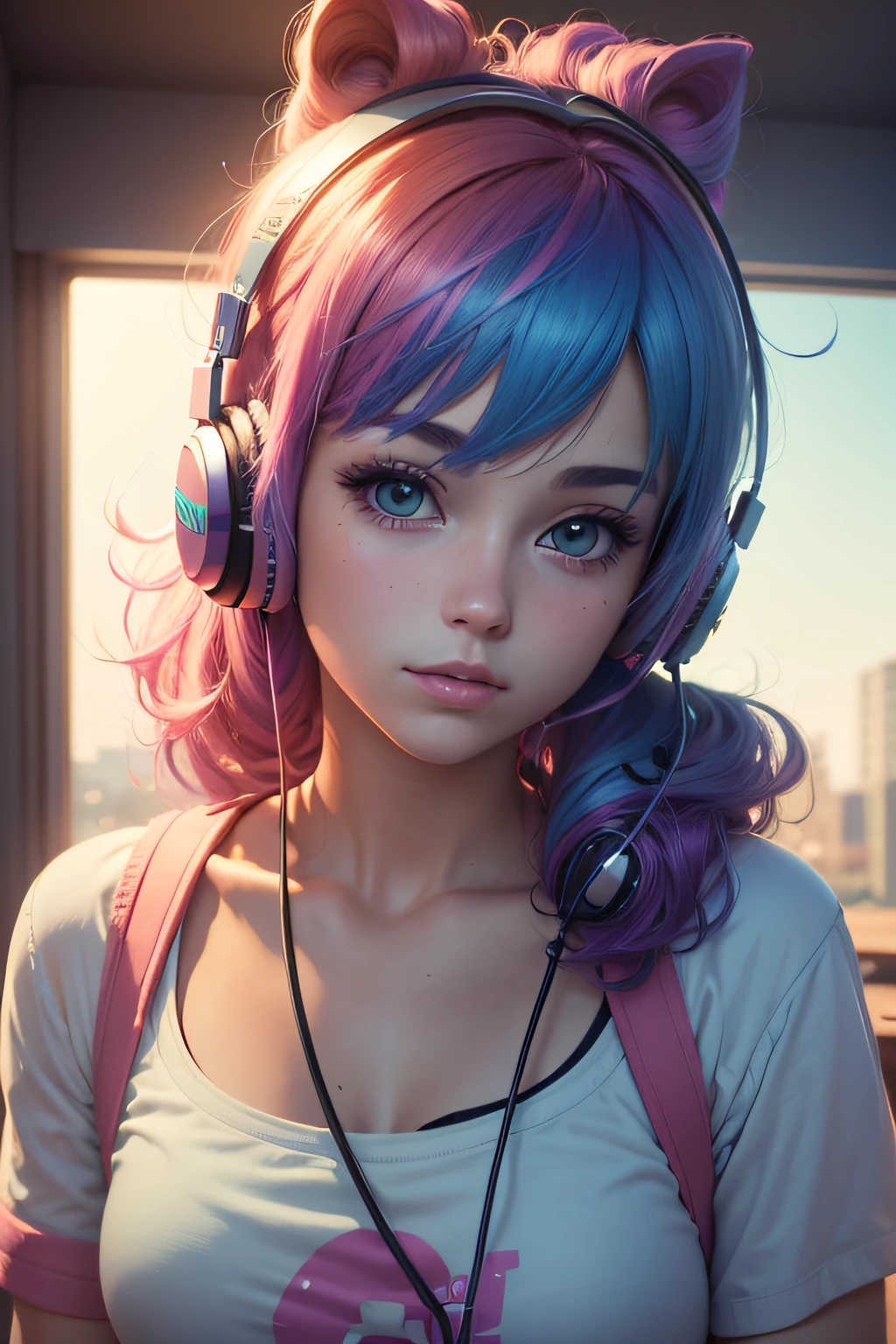 (best quality,8k,highres,masterpiece:1.2),lofi style,beautiful age girl with rainbow hair and headphones,portrait,positive vibes,music cover photo,anime,soft colors,warm lighting