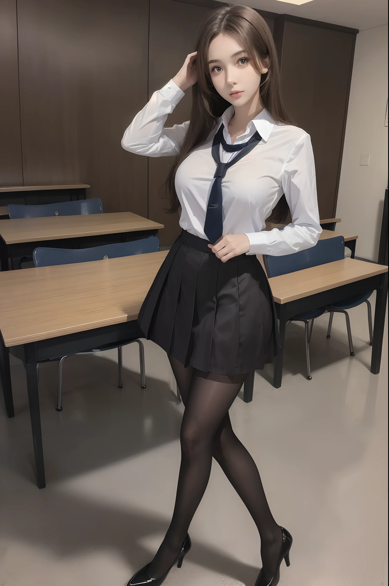 Pretty girl standing, thin legs, high heels on the ground, classroom, (masterpiece:1.3), (8k, photorealistic, RAW photo, best quality: 1.4), (1girl), beautiful face, (realistic face), brown hair, long hair, beautiful hairstyle, realistic eyes, beautiful detailed eyes, realistic skin, beautiful skin, Super high resolution, super realistic, very detailed, golden ratio, cute, cute schoolgirl, high school girl in jk uniform, surreal high school girl, short skirt, tight skirt, pantyhose, black stockings, full body view, thin arms, big breasts
