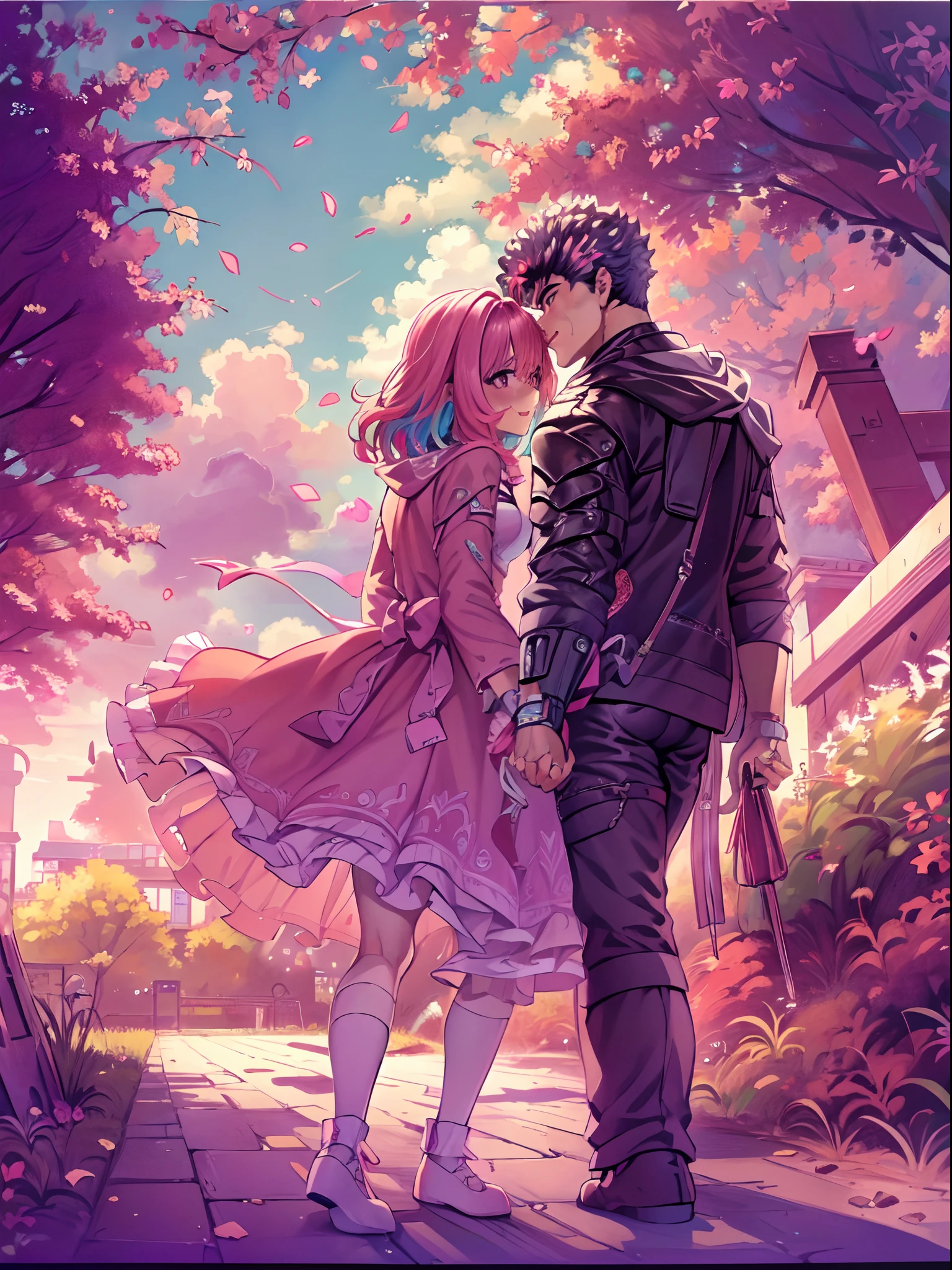 riamu,guts,couple,husband and wife,love dovey couple, walking,,kiss,smile,(best quality,4k,8k,highres,masterpiece:1.2),ultra-detailed,(r1.37),portraits,vivid colors,warm tones,soft lighting