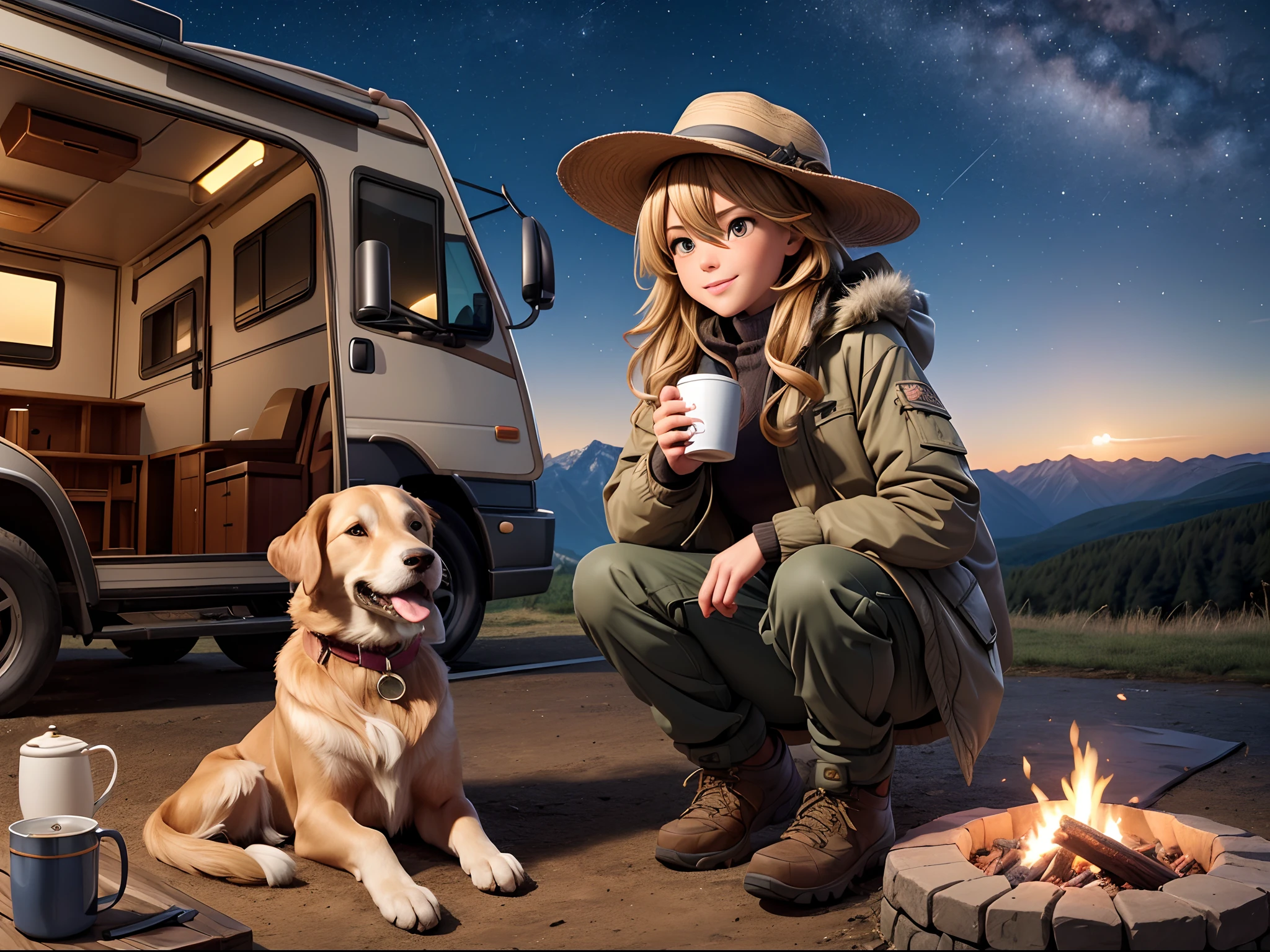 (8K, 16 K, awardwinning, Best Quality, hight resolution, high details, Anatomically correct, Textured skin, mastutepiece:1.3),(Motorhome:1.3), Large dog golden retriever, (1 girl:1.4), Solo, Campfire, tarp tent, bonfire, mug, steam, night, starry sky, shooting star, girl drinking coffee, hiking shoes, wide-brimmed hat, mountain parka, cargo pants,