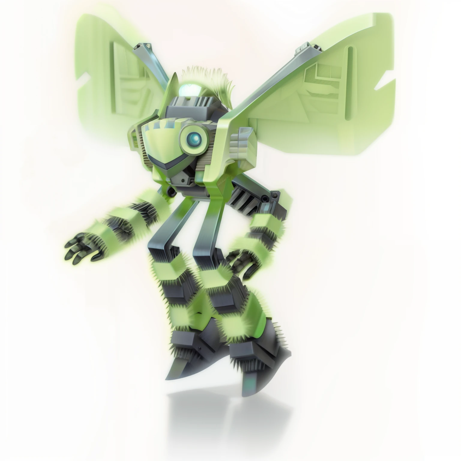 (butterfly mechanic wings, green and black body), cartoon robot character in a basil garden with vvid colors and sharp focus (Pixar 3D-style), ultra-detailed eyes, and face.