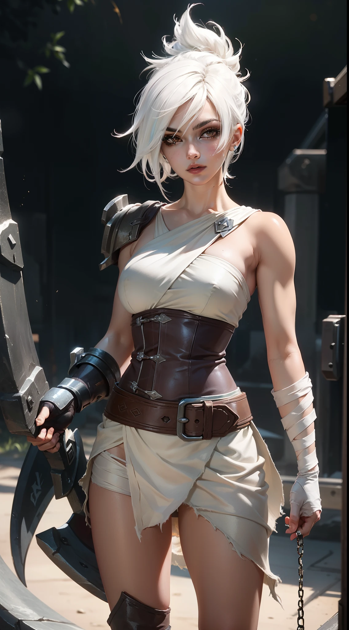 (Masterpiece:1.2), best quality, riven \(league of legends\), 1girl, folded ponytail, short dress, coreset, single pauldron, white hair, black eyeshadow, bare shoulders, upper body, potrait