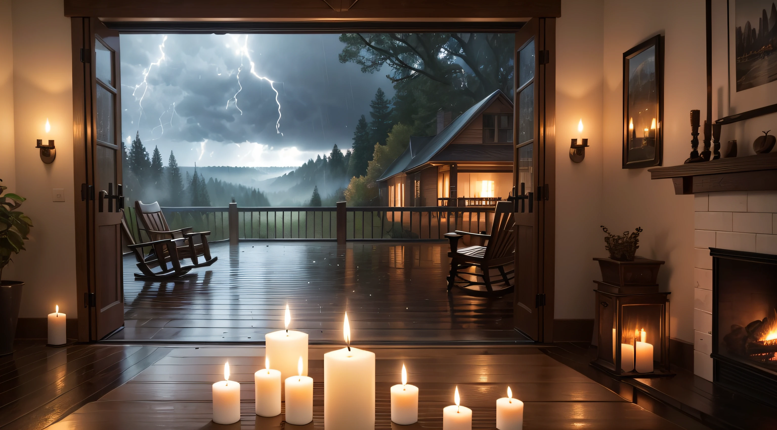 Ultra realistic- wide shot (((first person view))) rainy morning ThunderStorm, Ultra realistic Fireplace, bright and airy large open back porch view, a lot of candles, , , ultra realisticAutumn scene