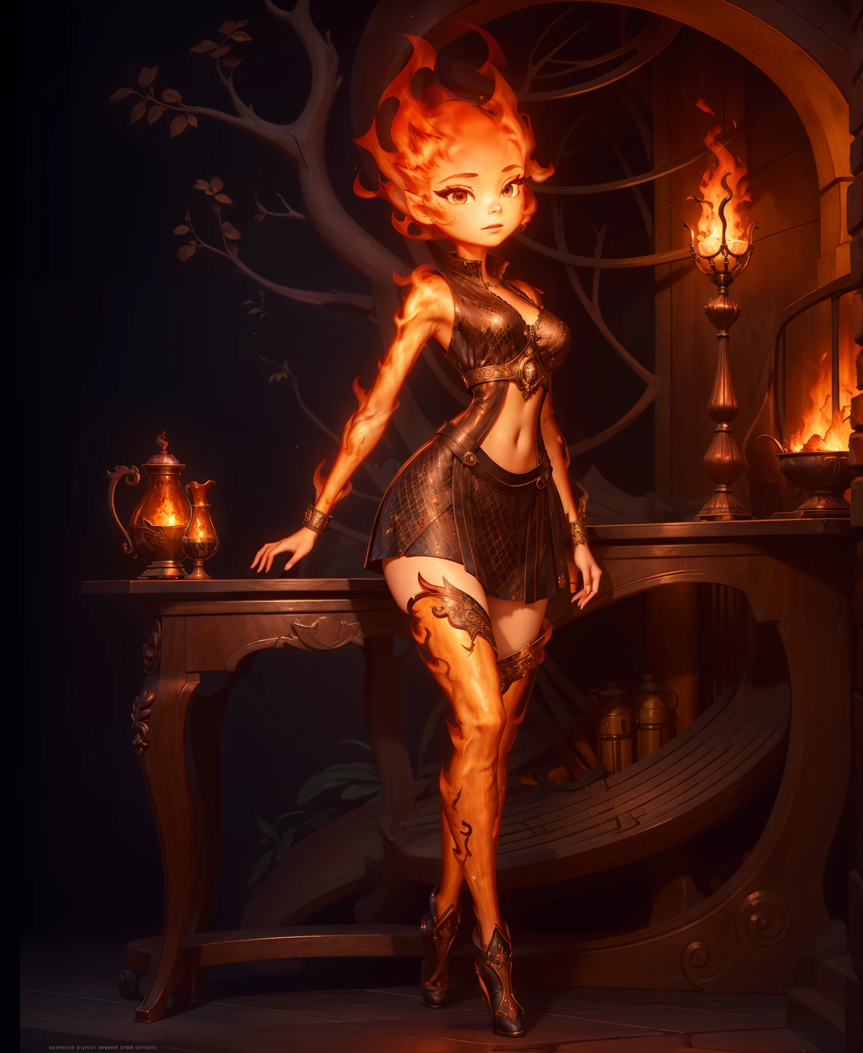 (best quality, masterpiece, detailed face, beautiful detailed eyes), Ember, girl made of fire, 1girl, (solo),standing, ((fullbody)), dark background, wide hips, nice breasts, seductive