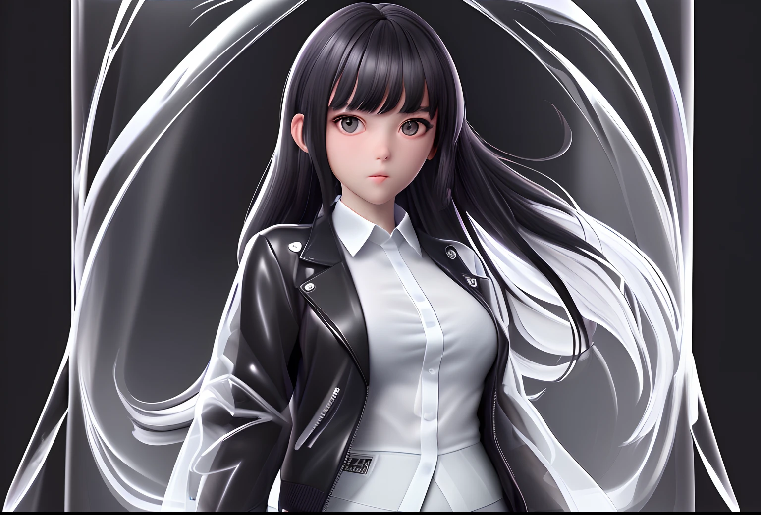 (highres:1.2),ultra-detailed,anime portrait,one girl,black jacket,white shirt,white skirt,(transparent,see through)