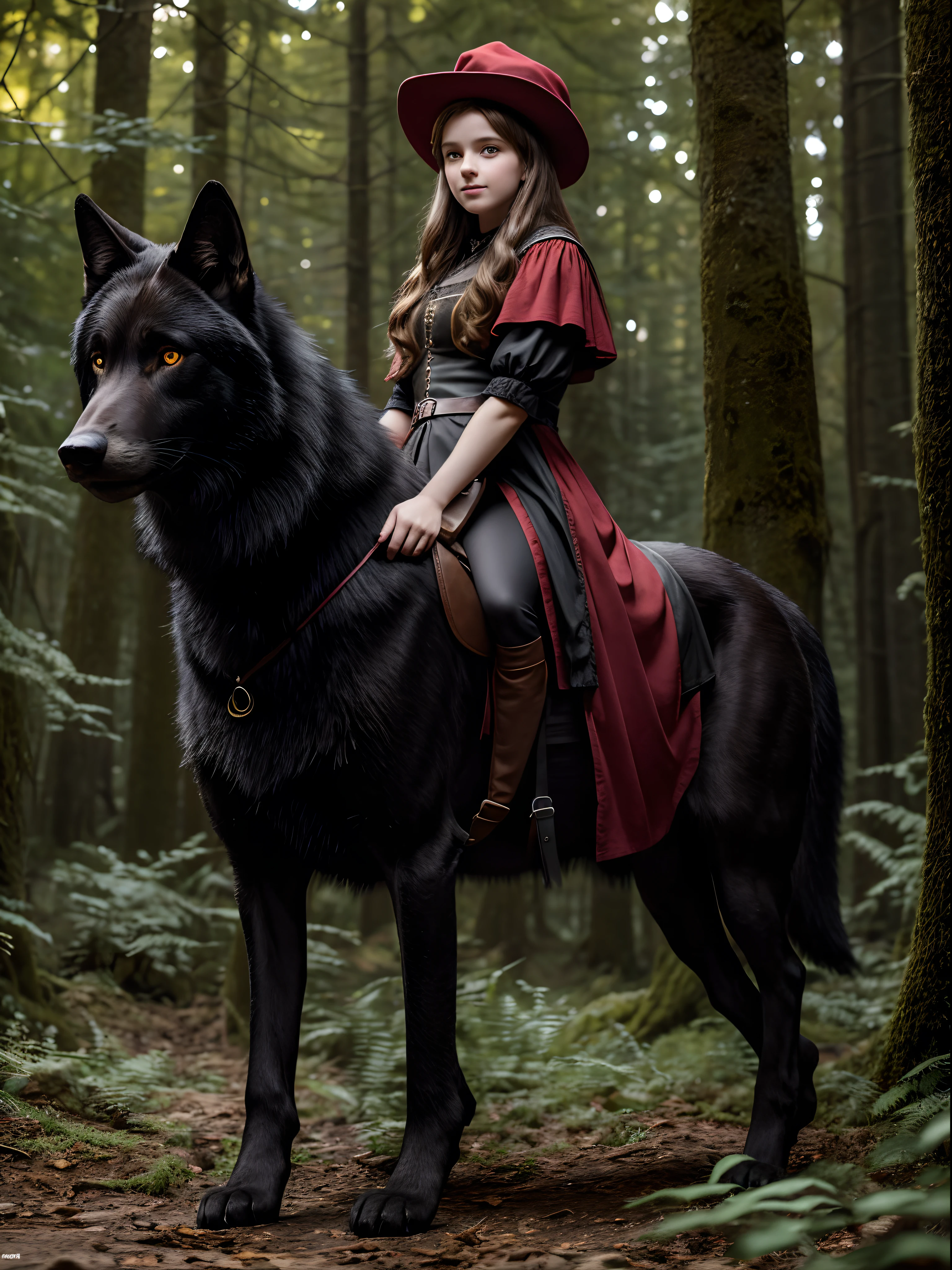 Cute 12 years old European girl, in the dark forest, big black wolf behind her, seductive look, honey hair, pale skin, detailed medieval clothing, red hat, hyper realistic, lifelike texture, dramatic lighting, backlighting, Nikon RAW photo, 8k, Fujifilm XT3, masterpiece, best quality, realistic, (photorealistic:1.4), ultra detailed, full body visible, little smile