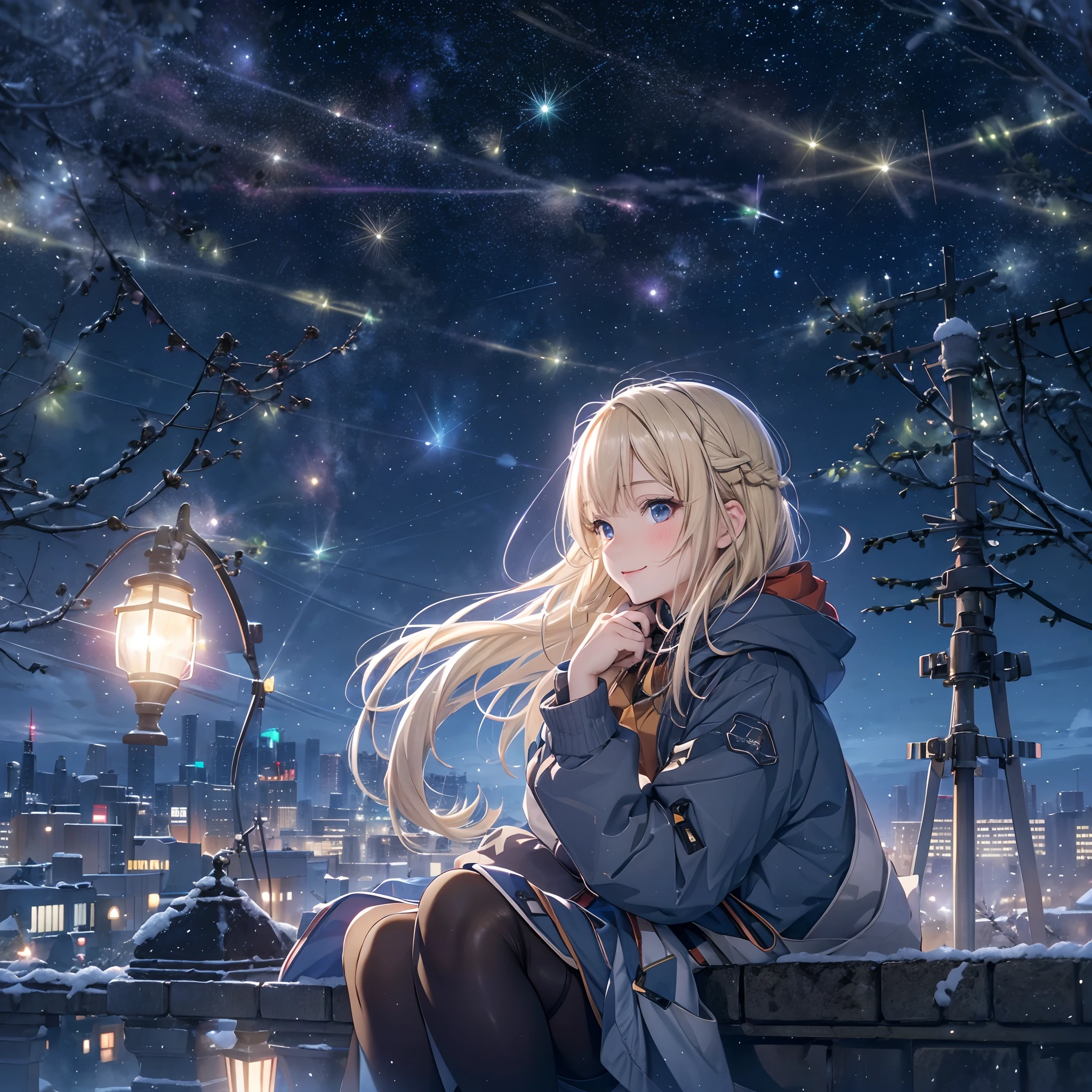 absurderes, ultra-detailliert,bright colour,(in 8K:1.3),masuter piece,extremely beautiful detailed face and eyes, 25 years old, Aurora、city light、constellation、Crescent,intergalactic,lamp post, Particles of light, long-sleeve, milkyway, natta, nigh sky, outside of house, planetes, Power lines, shooting stars, sitting on, Skysky, Skyscraper, 独奏、crouching down、Stargazing,Star_\(skyporn\)、starrysky、Starry Sky Print、telescopes、Winters、(Smooth straight blonde hair:1.3), (Shiny hair:1.2), Delicate beautiful face, red blush、Deep Blue Eyes, Happy smiling face,Small necklace,