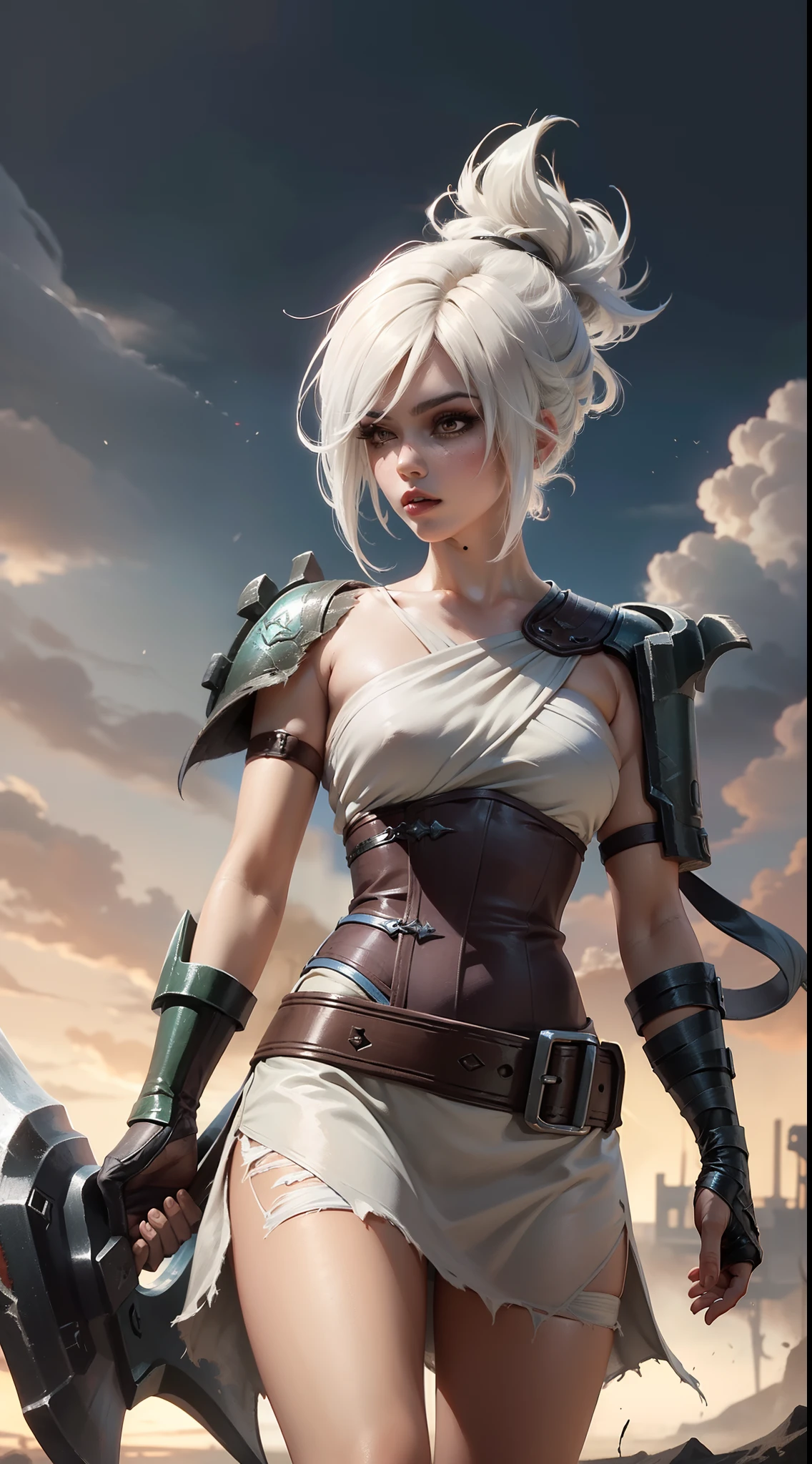 (Masterpiece:1.2), best quality, riven \(league of legends\), 1girl, folded ponytail, short dress, coreset, single pauldron, white hair, black eyeshadow, bare shoulders, upper body, potrait