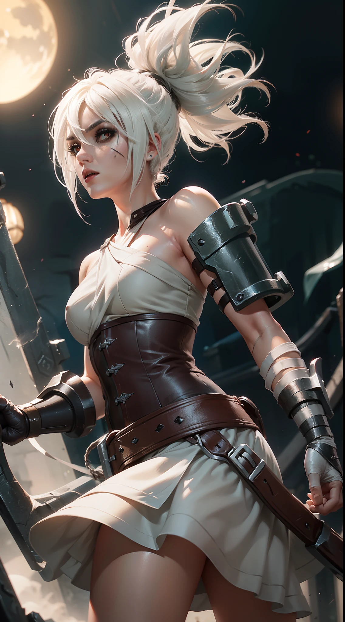 (Masterpiece:1.2), best quality, riven \(league of legends\), 1girl, folded ponytail, short dress, coreset, single pauldron, white hair, black eyeshadow, bare shoulders, upper body, potrait