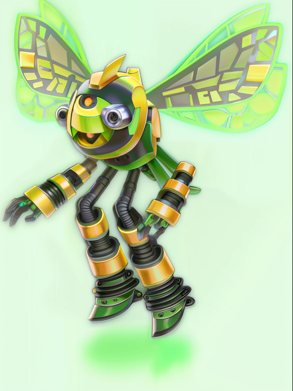 (butterfly mechanic wings, green and black body), cartoon robot character in a basil garden with vvid colors and sharp focus (Pixar 3D-style), ultra-detailed eyes, and yellow face.