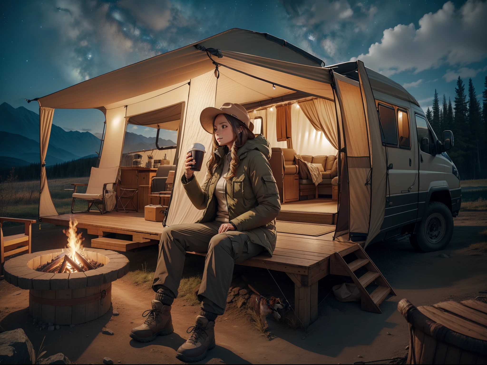 (8K, 16 K, awardwinning, Best Quality, hight resolution, high details, Anatomically correct, Textured skin, mastutepiece:1.3),(Motorhome:1.3), Large dog golden retriever, (1 girl:1.4), Solo, Campfire, tarp tent, bonfire, mug, steam, night, starry sky, shooting star, girl drinking coffee, hiking shoes, wide-brimmed hat, mountain parka, cargo pants,