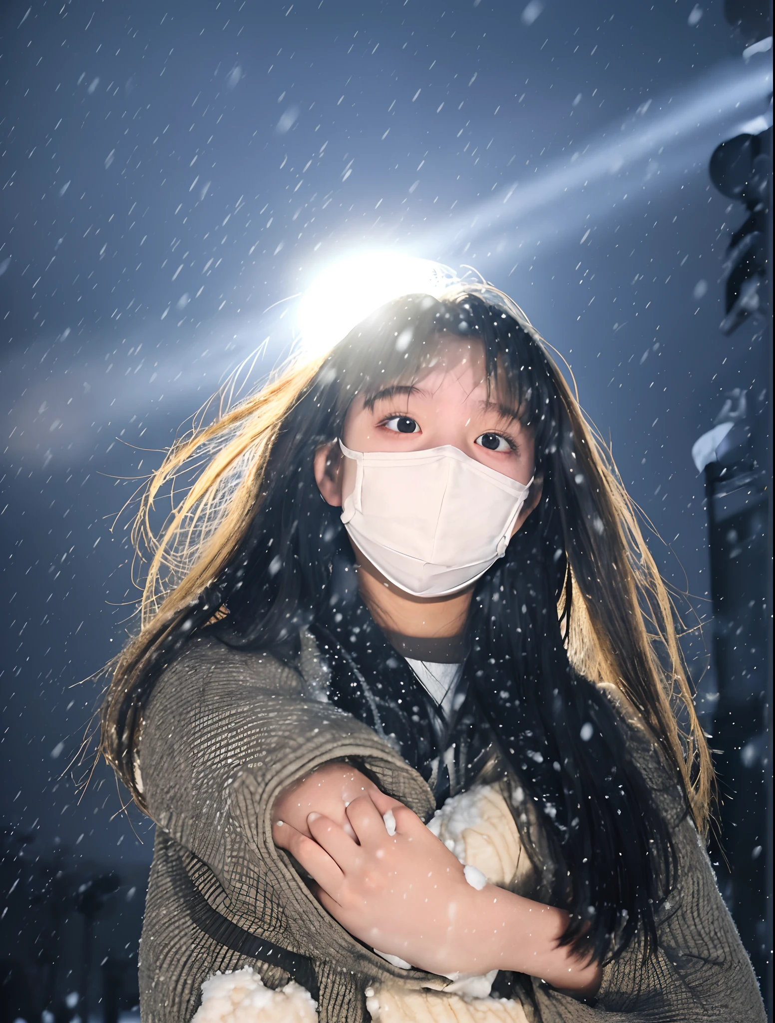teens girl,the street lights,Heavy snowfall