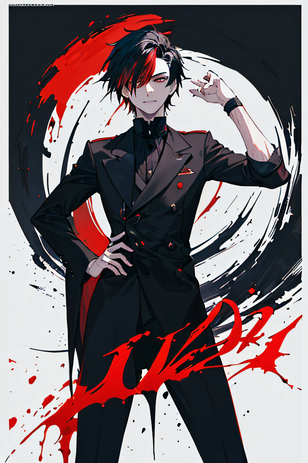 ((((dramatic))), (((corajoso))), (((intenso))) Movie poster featuring a young man with black hair with red streaks, olhos verdes, pale skin and a mischievous smile. He's tall and slender, with an athletic physique. como personagem central. She stands confidently in the center of the poster, usando um estilo e ousado roupa, with a determined expression on the face. The background is dark and brave, with a sense of danger and intensity. The text is bold and catches the eye, with a catchy tagline that adds to the overall sense of drama and excitement. The color palette is mostly dark with splashes of vibrant colors, giving the poster a dynamic and visually stunning appearance, tachi-e (revista: 1.3), (estilo da capa: 1.3), elegante, mulher, vibrante, roupa, posando, frente, colorida, dynamic, fundo, elementos, confiante, expression, segurando, statement, accessory, majestoso, enrolado, ao redor, tocar, cena, texto, capa, ousado, draws attention, title, fashionable, Fonte, cativante, manchete, maior, impressionante, moderno, moderno, foco, moda,