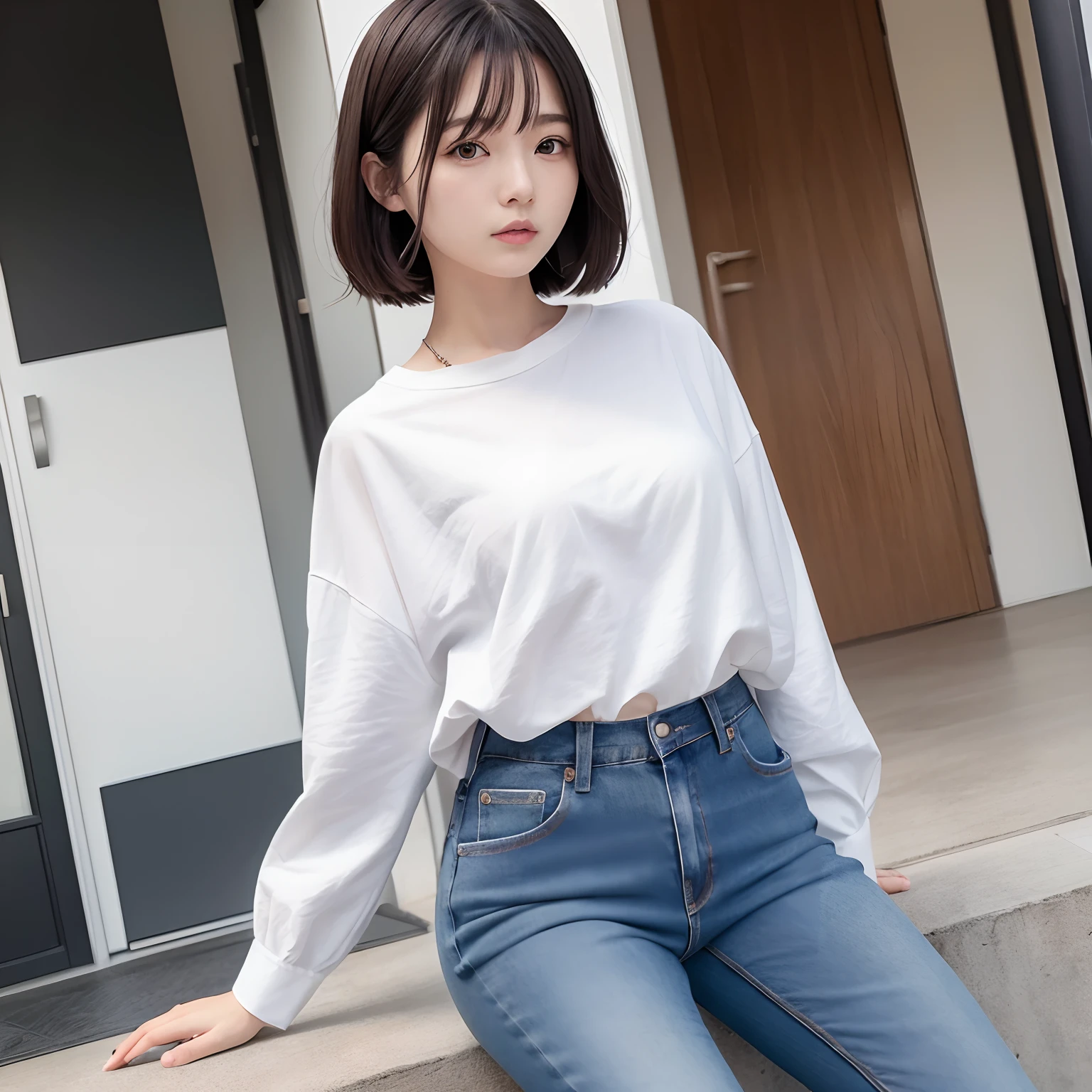 Woman wearing jeans with white shirt and leather jeans、top-quality、japanes、26 year old、soio、(Number of people around:1.2)、Shoulder-length black hair、Medium bob