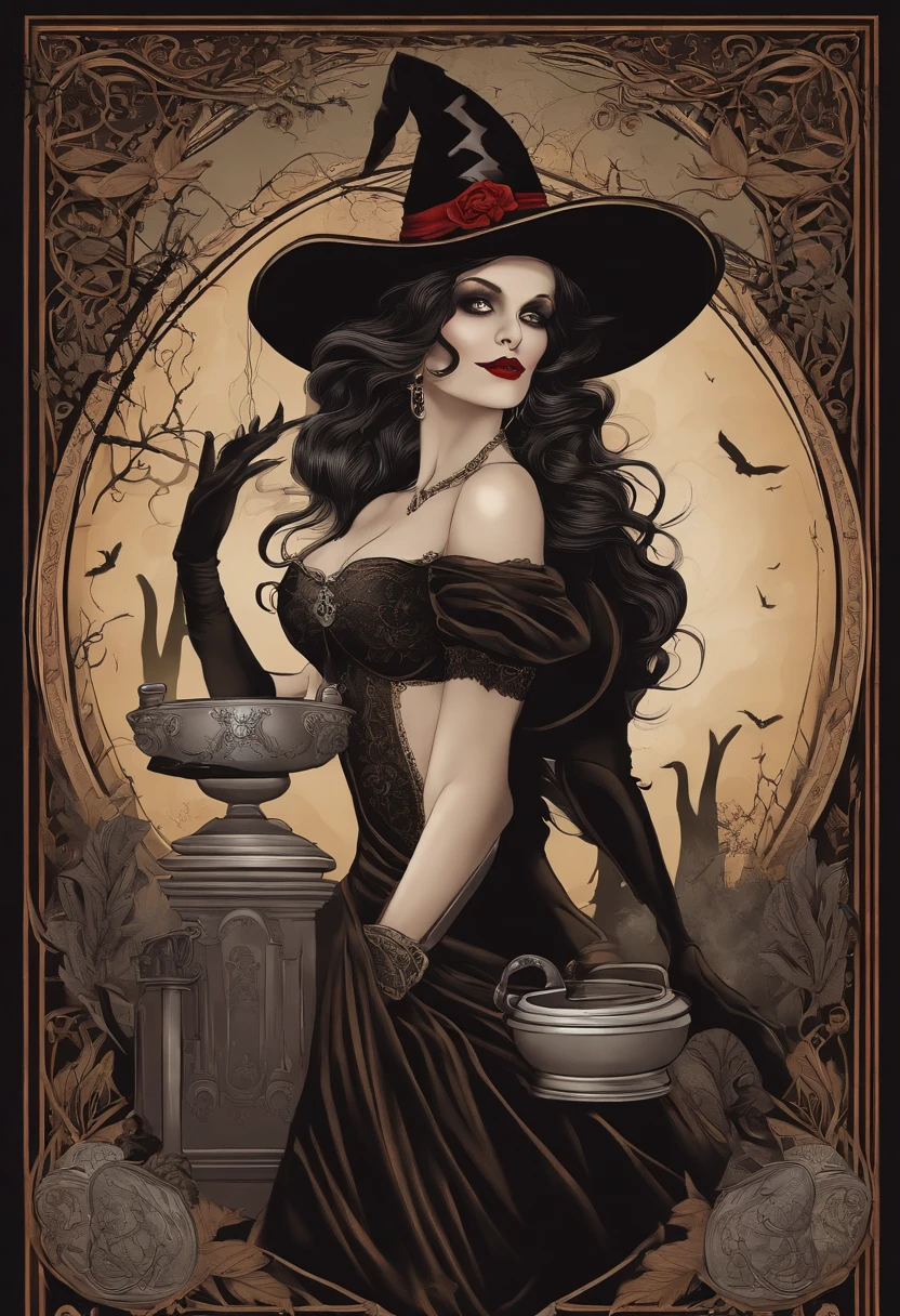 Tattoo convention poster with a tattooed witch with Art Nouveau features, Tragen von traditionellem schwarzem Hexenkleid und Hexenhut mit roten Haaren, Outside in a cemetery, Mit Grabsteinen, Shaking a cauldron, Exhaling smoke and summoning spells, Mit deiner schwarzen Fledermaus neben dir, die zuschaut, Vor der Kulisse einer Fantasienacht mit Vollmond