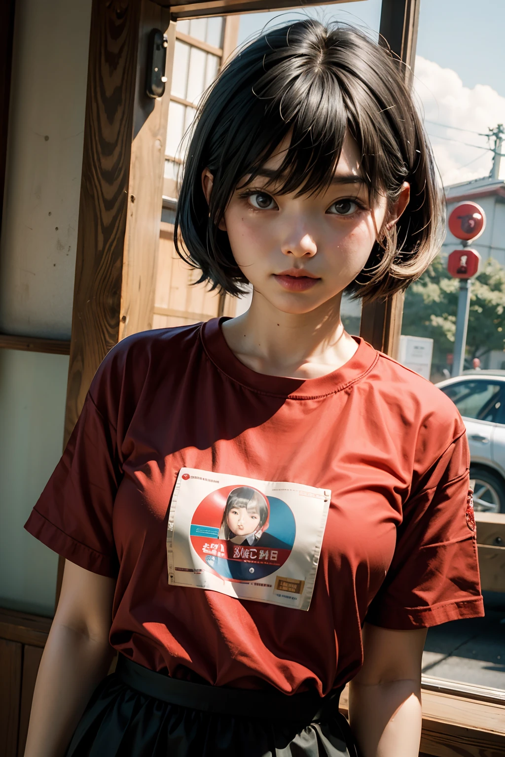a girl,A Japanese Lady,with round face,Sauce order,Red T-shirt,short-cut,bustshot