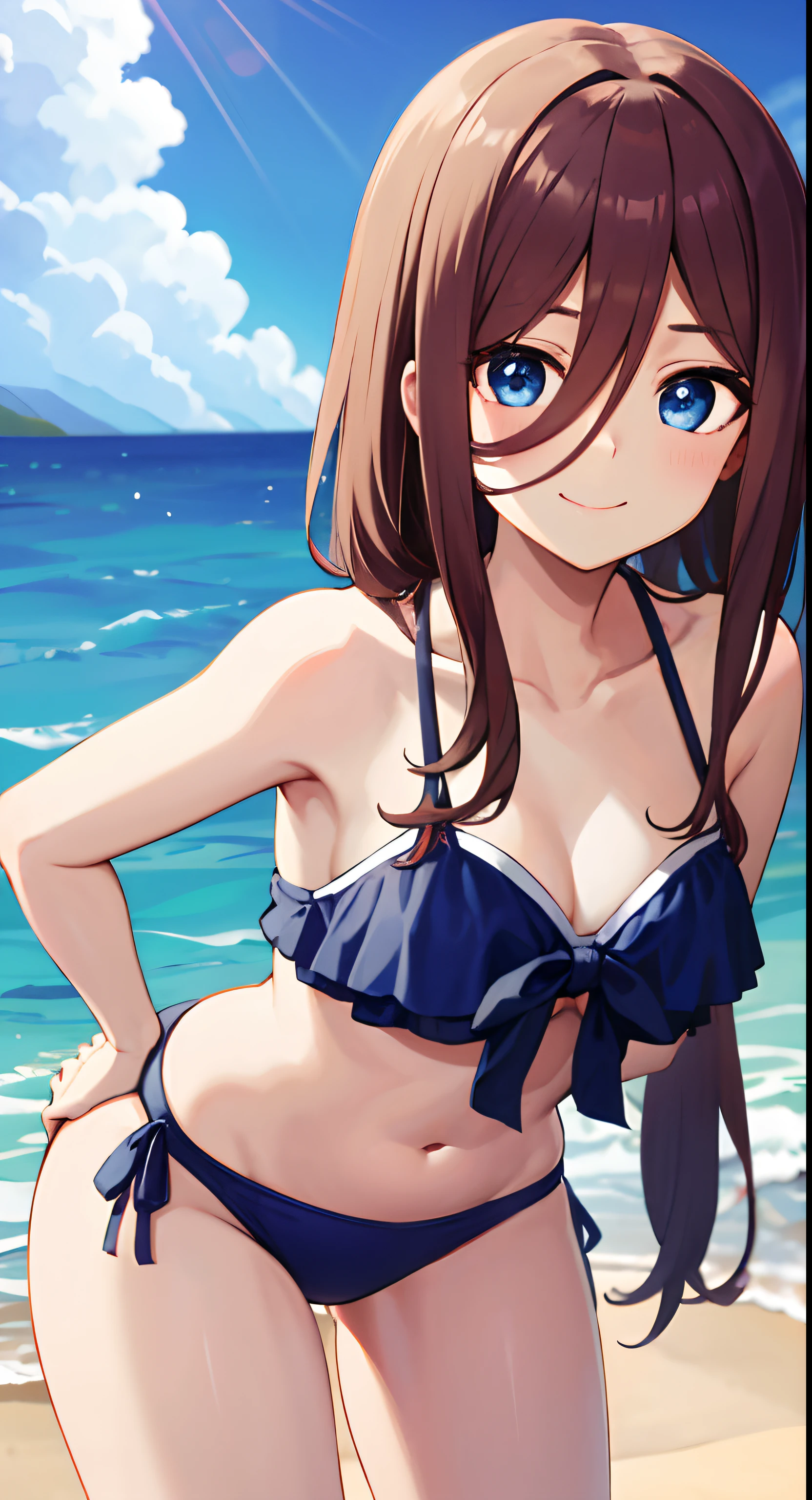 Miku Nakano, Long hair, Bangs, Blue eyes, Brown hair, hair between eye, Sky Blue Bikini、the beach、mare、A smile、frilld