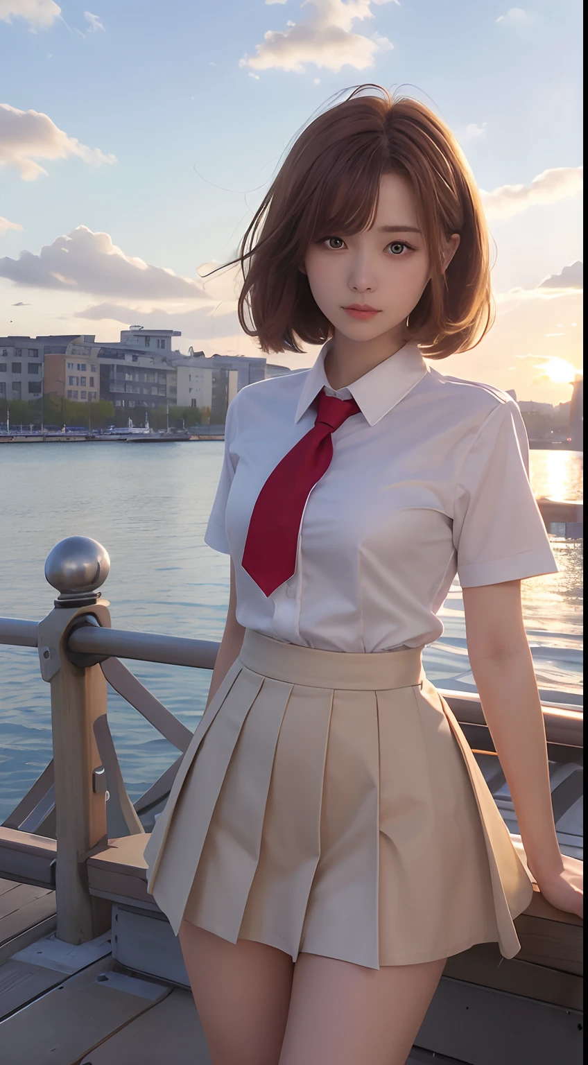 top-quality, masutepiece, High Definition, 16k image, (Sunset sky), Beautiful clouds dyed red, Dazzling sunset, Sunset sky reflected on the surface of the water, Beautiful High School Girl, (red blush), (Medium bob hair), Beautiful light brown hair, beautiful light brown eyes, (plump big breasts), High School Uniform, Constricted waist, White blouse with short sleeves, Pleated skirt , High school girl standing on the pier on the riverbank, Be mesmerized by the mesmerizing reflection of the sunset on the surface of the water. Uniform skirt sways lightly in the wind,