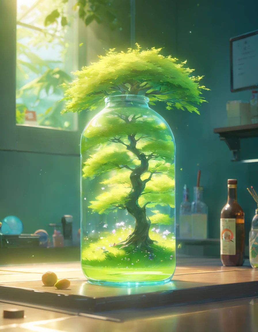 Dreamy art tree in bottle, fluffy, realistic, photo, canon, dreamy, art, colorful leaves and branches, flowers blooming on the head. Ultra-detailed photorealism by Greg Rutkowski - H 1024 W 804 | f1 6 lens mark 2:2 s 3555mm film grain: 1 lifelike high resolution Sharp focus contrast!! Complex and detailed atmospheric light refraction lighting Unreal Engine 5 Cinematic Concept Photo Masterpiece Octane Render Rendered as a trend in CGSighbour, monkey, football