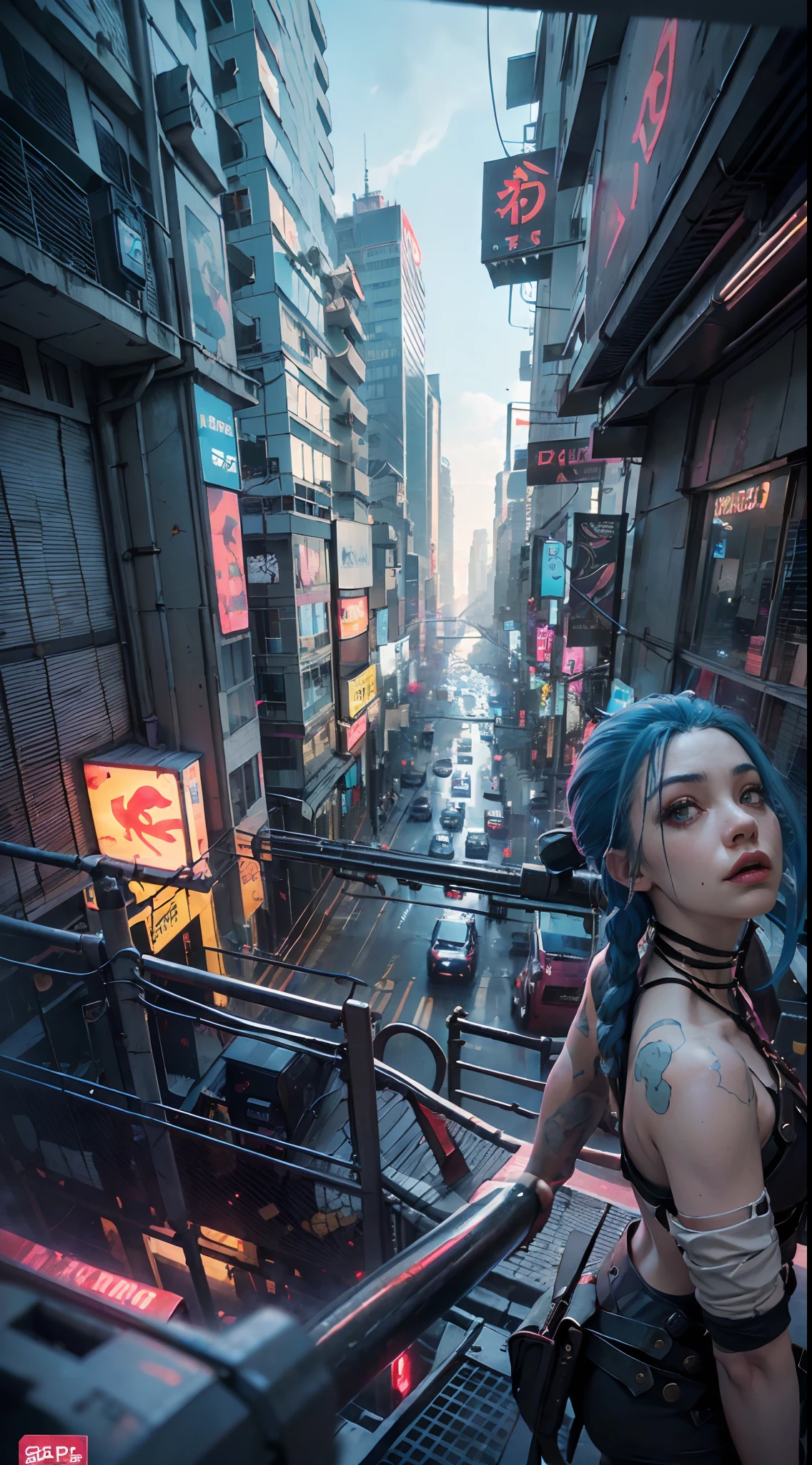 （Cyberpunk Cityscape 1.5）((Jinx), (Ultra-wide angle lens 1.5 ), self-shot, Cowboy shot, Wind,, cyberpunk city landscape, (Aesthetics and atmosphere:1.2),Grim expression，irate，tosen