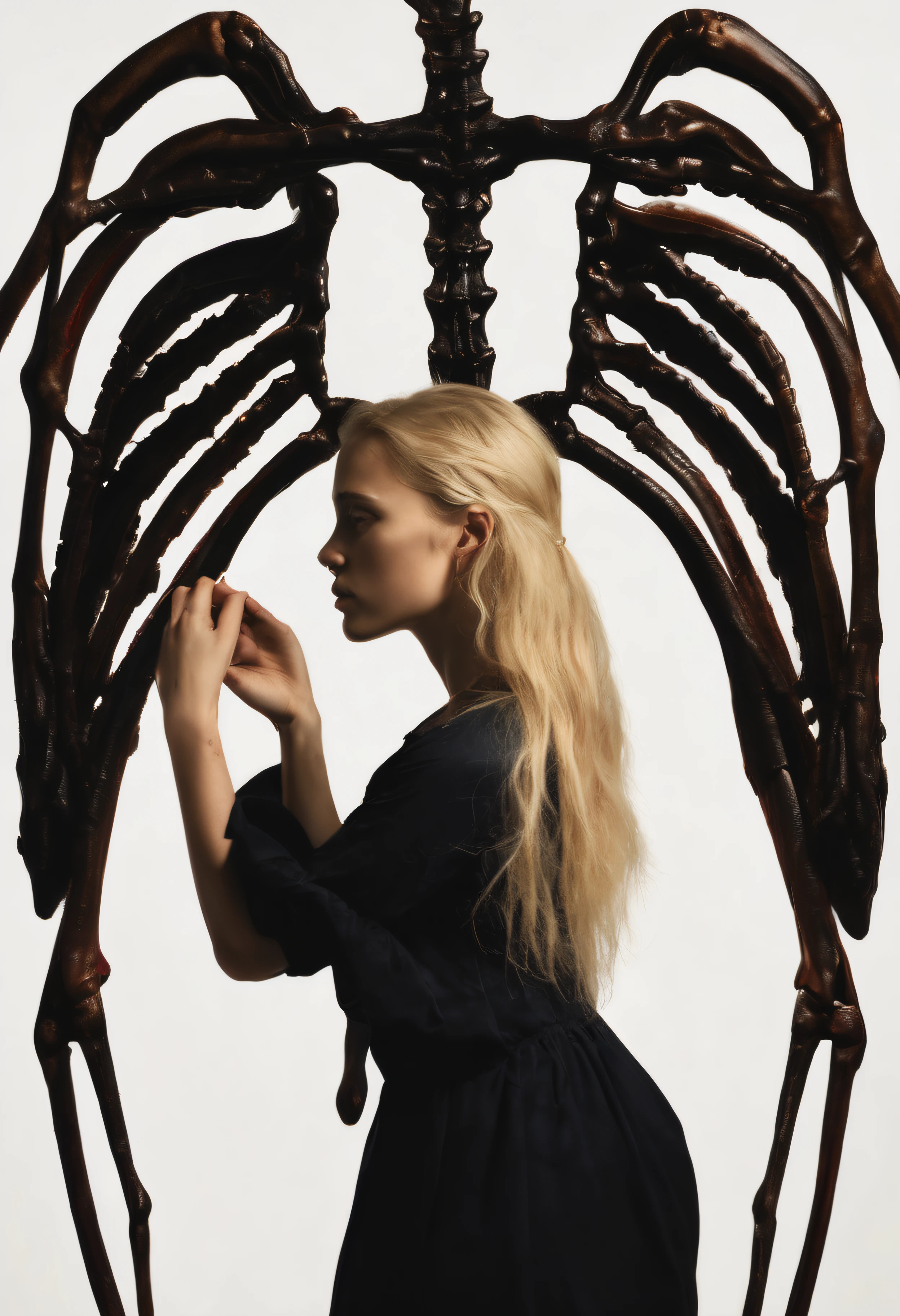 "(The best lighting, alto contraste, oscuro, dramatic),(Chica rubia junto a una cabra negra gigante, Open the rib cage, feto, autopsia, huesos humanos, sangre por las paredes). Luz Caravaggio"