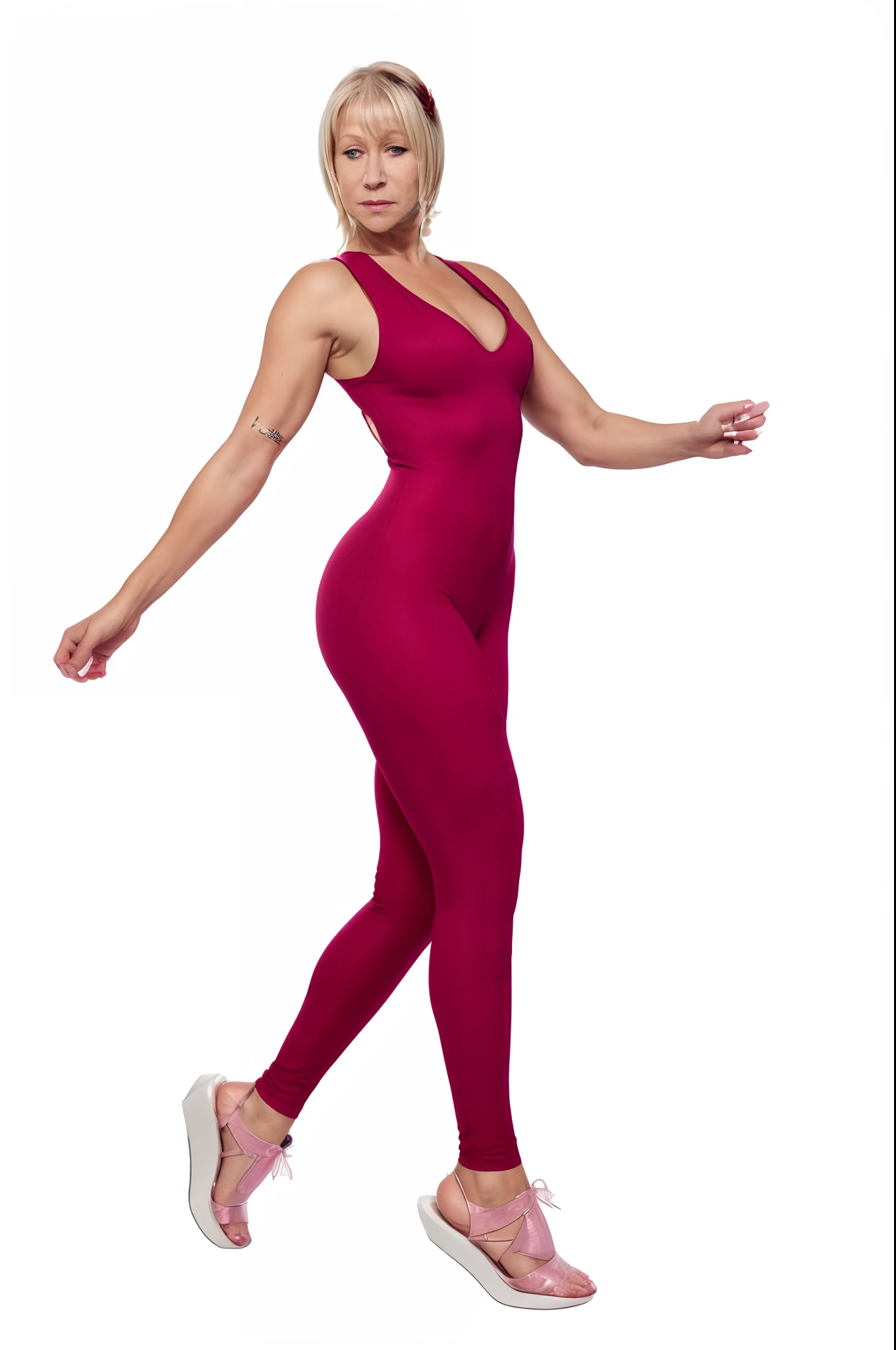 ((Helen Mirren)) in a pink jumpsuit is posing for a picture, catsuit, red jumpsuit, high level body suit, red body suit, jumpsuit, jumpsuits, tight attire, women full body, bodysuit, tight full body suit, tight outfit, cute girl wearing tank suit, femenine body, in spandex suit, fullbodysuit, full length view, hm1, celebrity