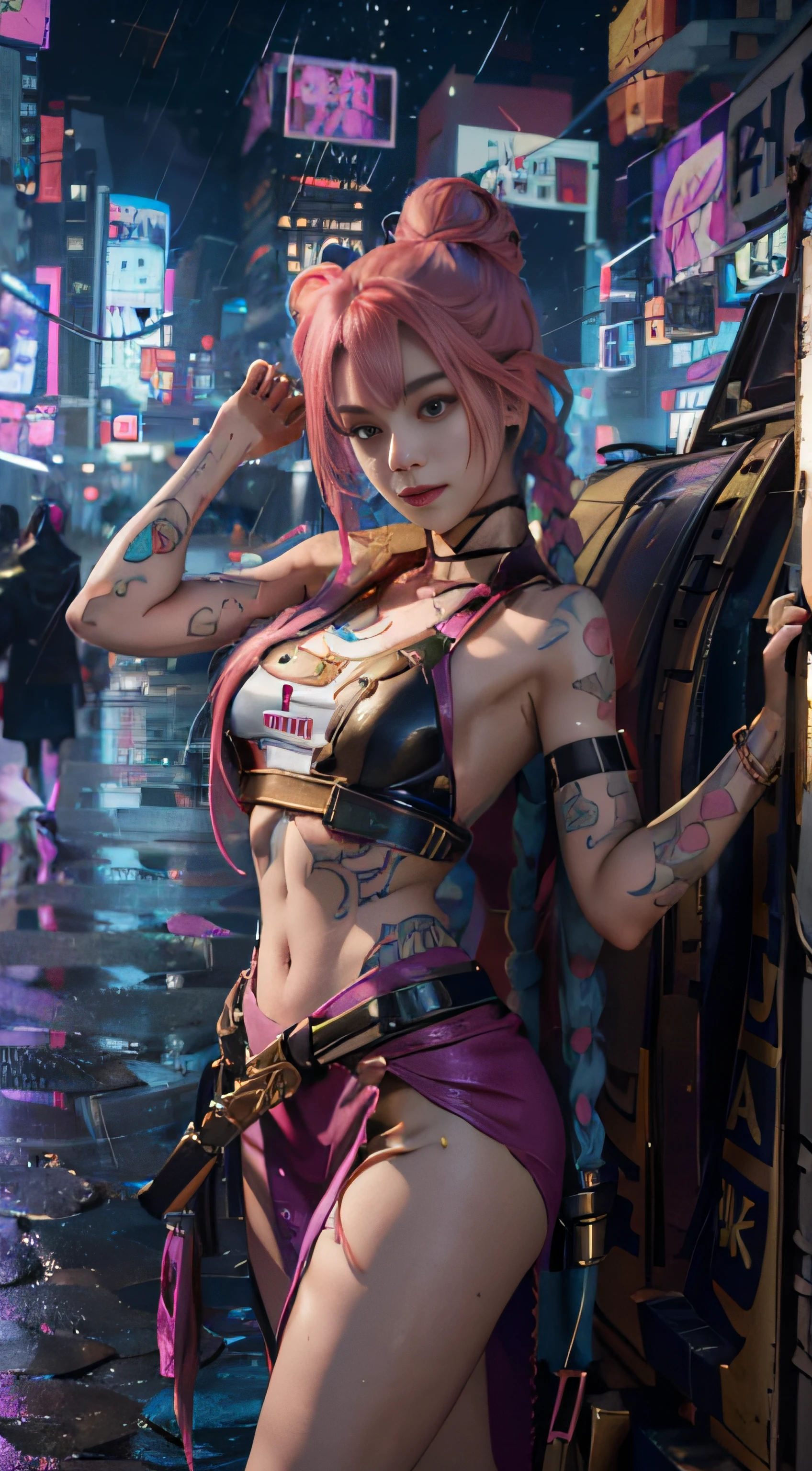 Jinx,Masterpiece, HighestQuali, 超高分辨率, 8K, A girl,Beauty,21yo,Fair skin, Extremely beautiful,Strong gaze, Alone,Bust portrait,Cyberpunk costumes, Extremely detailed face, Detailed eyes, mischievous grin, cheerful big breasts, Realistic photo, Completely realistic, People's Pell, Studio lighting,golden ratio body, Wide hips,Perfect legs, Big ass,Pink hair, double-bun,Blunt bangs,Orange and white clothes,d-cup breasts,In the cyberpunk city,Cyberpunk city setting,((Night)),rain,side pose,Tattoos,cheerfulness