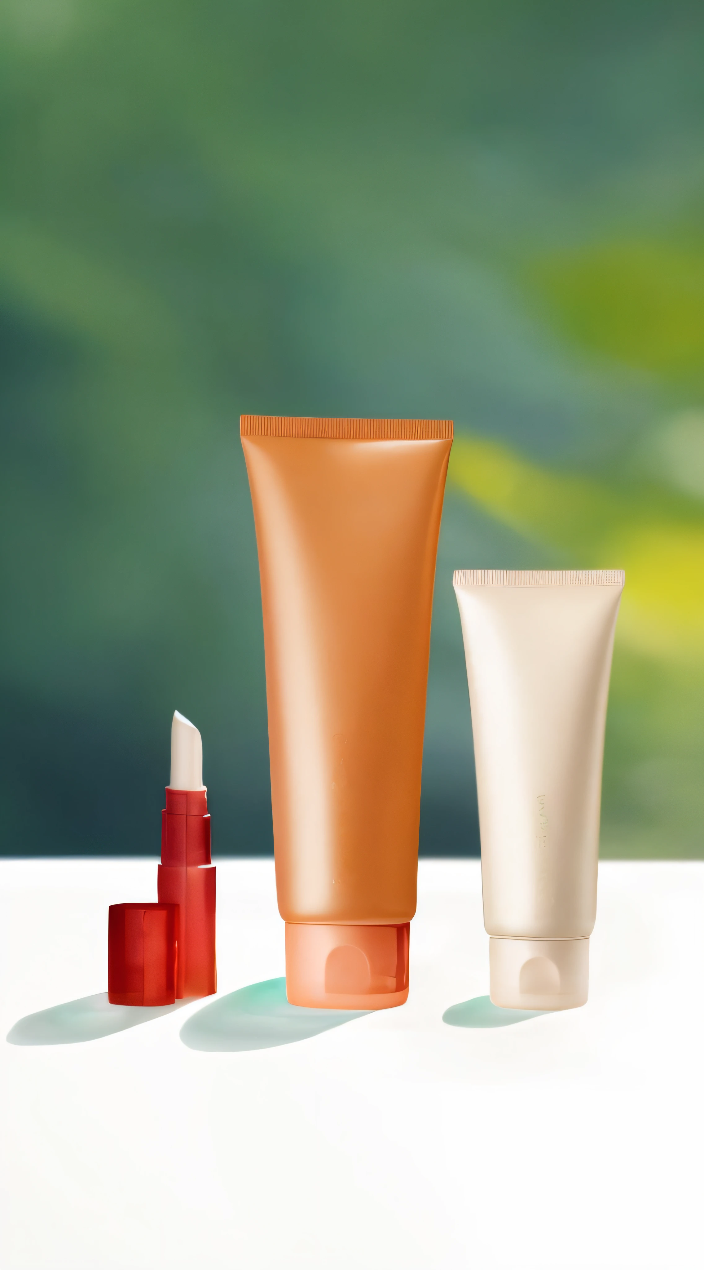 There are three different types of cosmetics on one table, cosmetics, Clean face and body skin, Skincare, wide portrait, skin care, Makeup, crisp smooth clean lines, high quality topical render, photorealistic illustration, highly detailed composition, glistning skin, illustration!, rendering, Alternative, !!Natural beauty!!, realistic scene, highly detailed scenario, The is very detailed