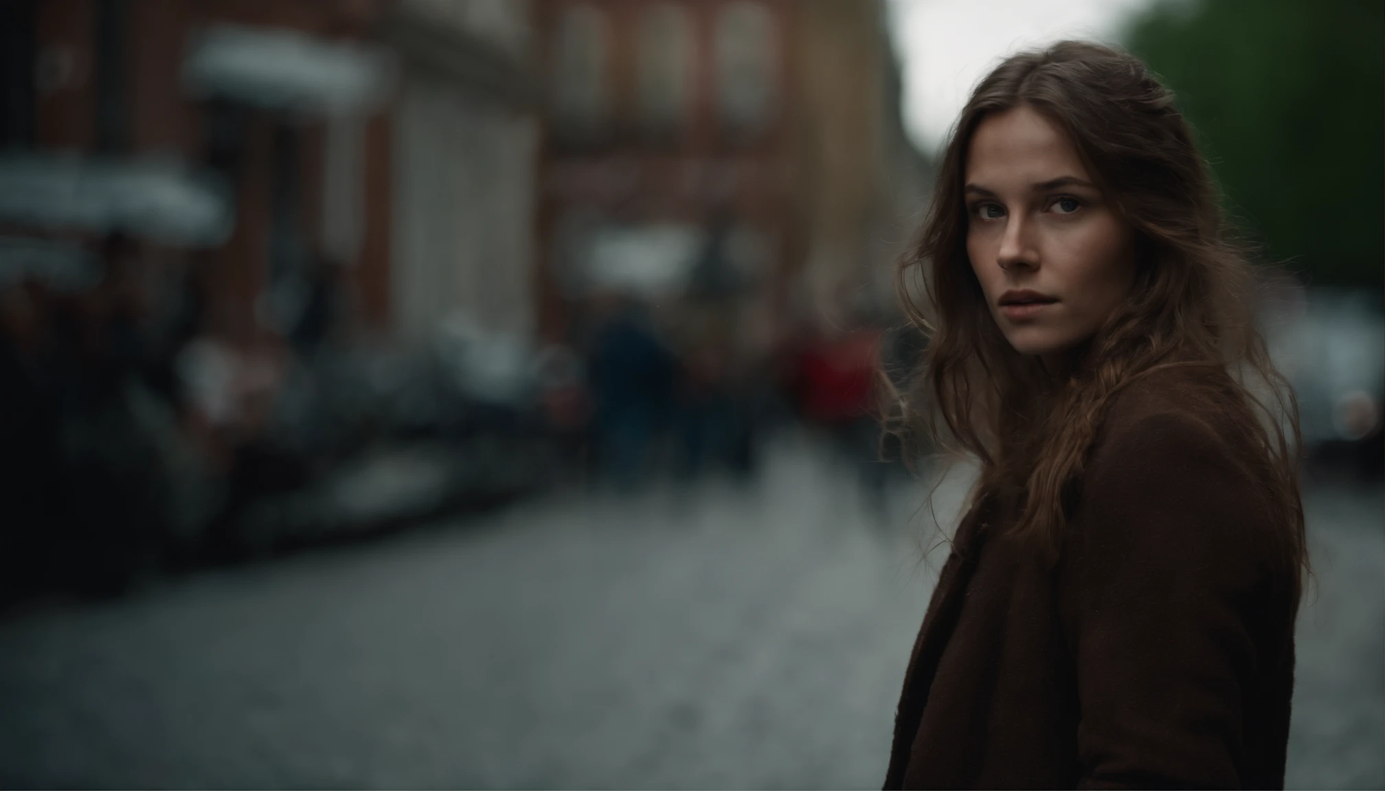 Majken Andersson, a Scandinavian woman at age 20, perfect face, fair skin, dark brown, dirty messy semi-long hair, full-body shot with arms body and legs visible, walking along a street, Photorealism