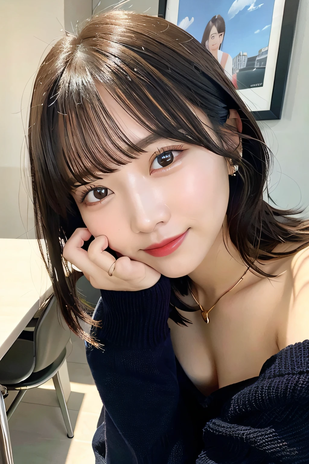 top-quality、Photorealsitic、8K、hight resolution、Perfect litthing、a gorgeous、​masterpiece、realisitic、closeup portrait、
1girl in、piercingeyes、off-the-shoulder sweater、middlebreasts、shorth hair、Look at viewers、kindly smile、in a cafe、in the room、a miniskirt、sun shine