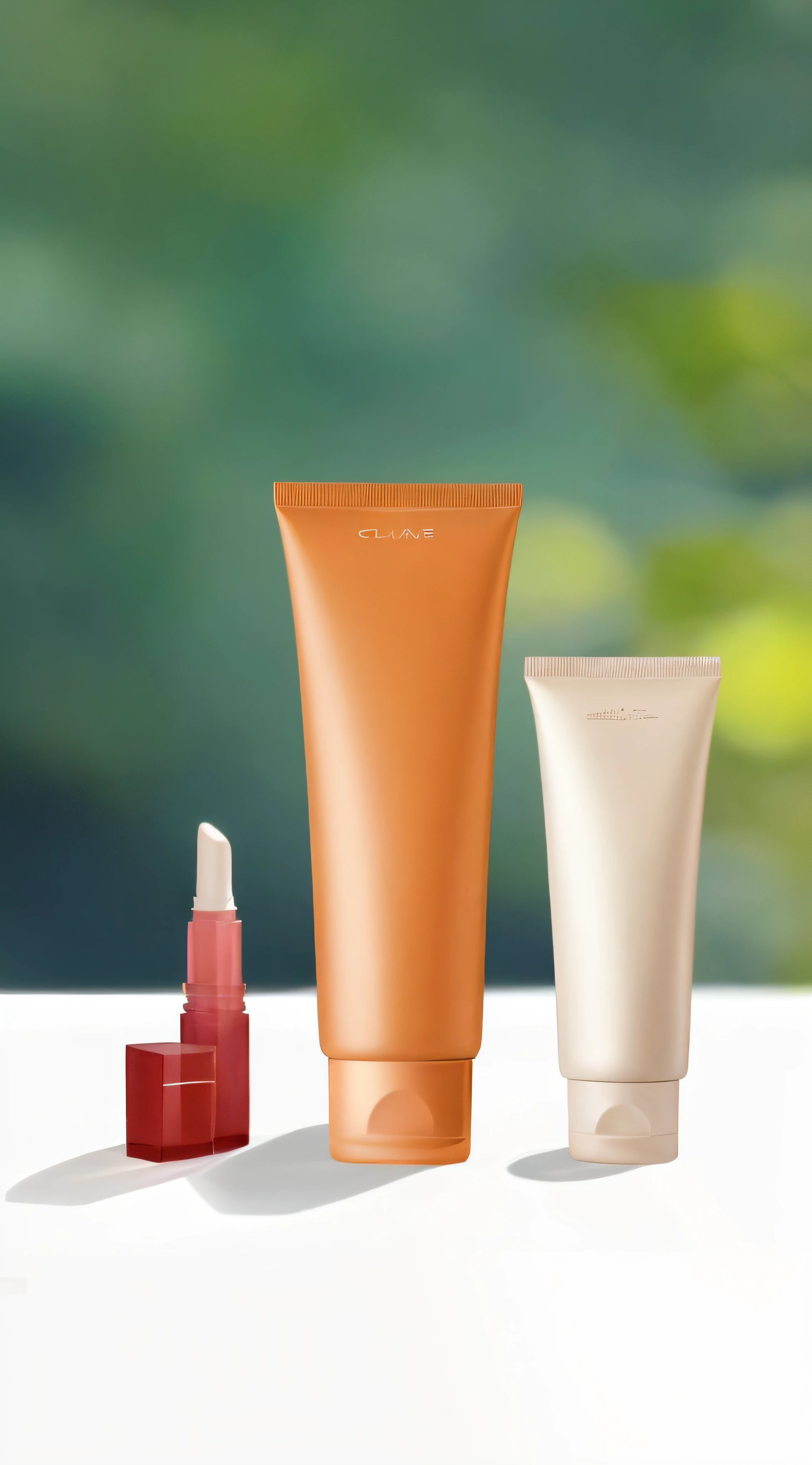 There are three different types of cosmetics on one table, cosmetics, Clean face and body skin, Skincare, wide portrait, skin care, Makeup, crisp smooth clean lines, high quality topical render, photorealistic illustration, highly detailed composition, glistning skin, illustration!, rendering, Alternative, !!Natural beauty!!, realistic scene, highly detailed scenario, The is very detailed