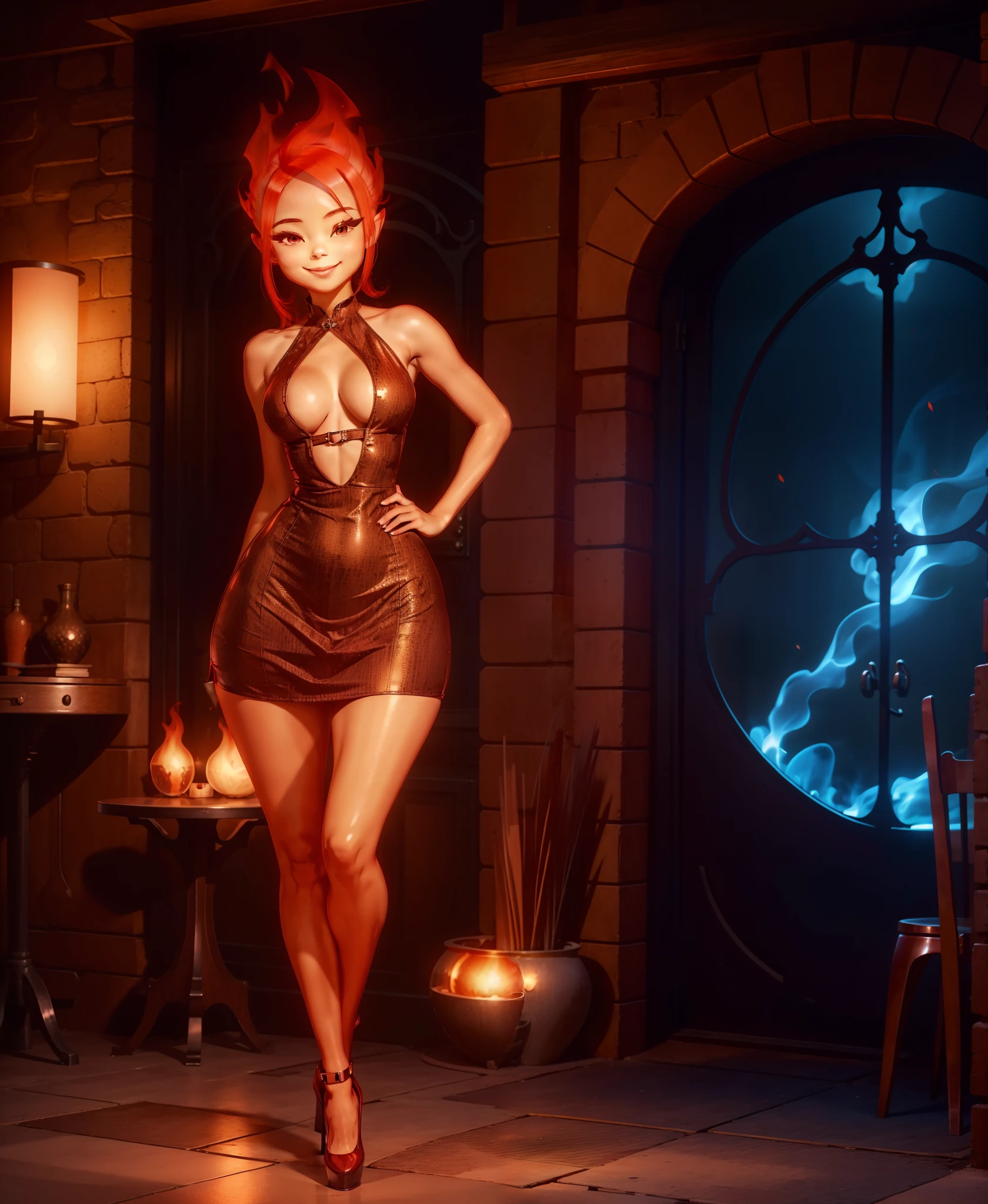 Ember, girl made of fire, wide hips, nice breasts, ((full body)), seductive, seductive little smile, seductive sexy stance, seductive tight cutout dress