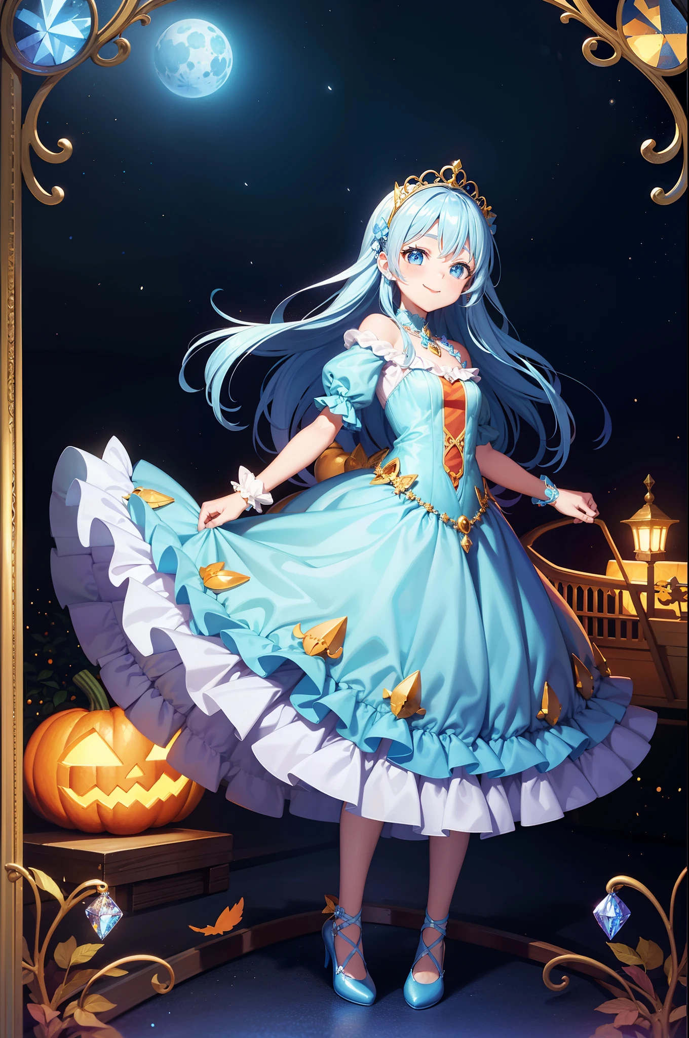 Pumpkin carriage，（Pumpkin carriage on background），Fairy World，Stained glass background、one girls，adorable smiling, Cinderella，Light blue long hair, Twin-tailed,Long Blue Crystal Dress，Moonlight，Long steps，Crystal Shoes，