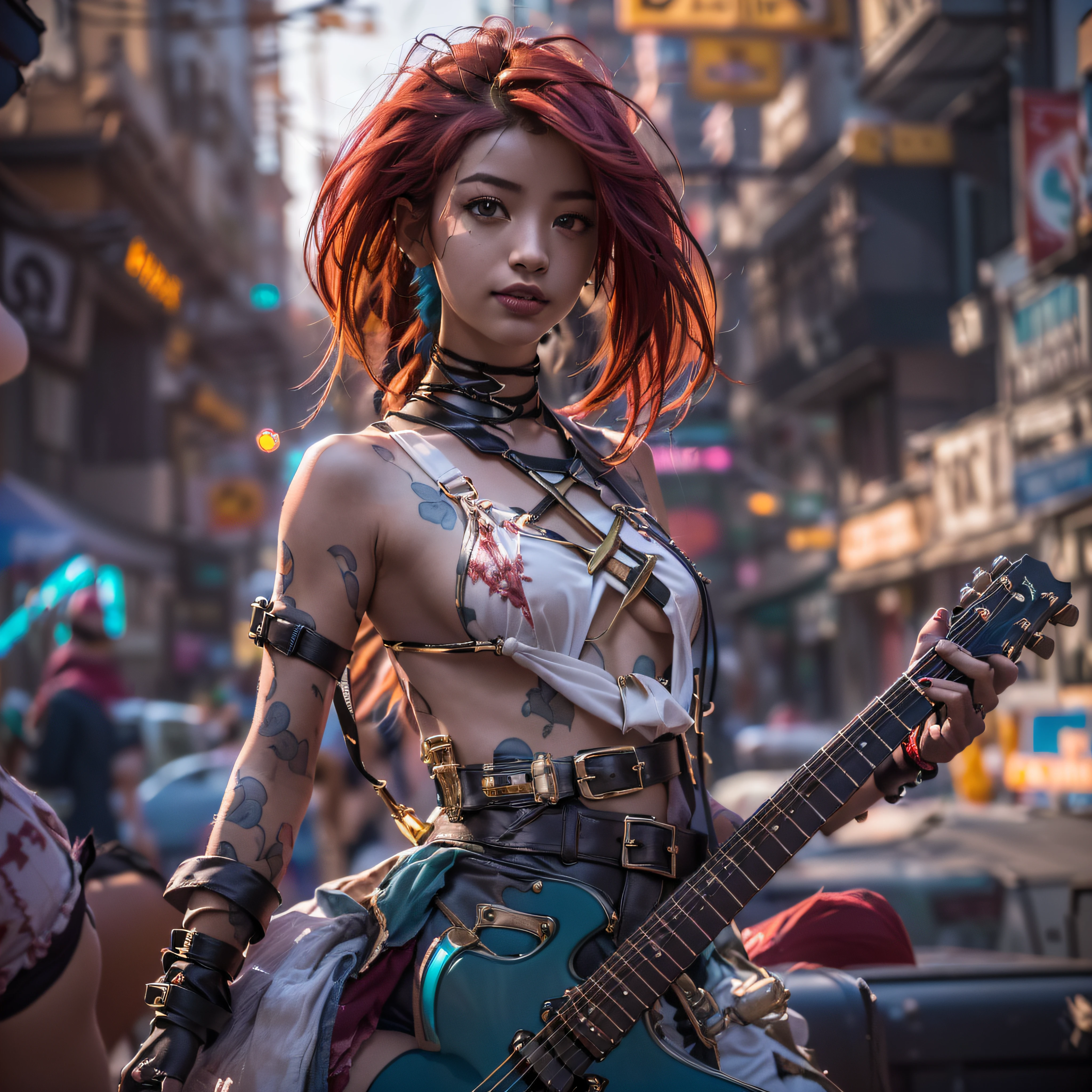 ((Jinx), (fisheyelens), self-shot, Cowboy shot, Wind,, cyberpunk city landscape, (Aesthetics and atmosphere:1.2) ,wide wide shot,Masterpiece: Epic urban deep road matrix equirectangular projection_360 Girls Diva Jinx Drama_dispose_The best sunshine lights for guitars are meticulous, Intricate, Supergianthugebreasts_High-detail luminescent volumetric lightning contrast ultra_High_The resolution is super professional and realistic_High_Super quality_Clarity Precise Focus Maximum Perfect Reflections Gradient Reflections Extreme Improvements Octane Rendering Open Shader GLSL Shader Ultra HD XT3 64K 32K 16K 8K DSLR HD Unreal Engine 5 ROHM RGB PBR Gradient Simulation Color Coding Shadows 3DCG FXAA Global Illumination CGI Visual Effects SFX FKA TXAA RTX SAO Post-Processing Post Production Cell Tinted Tones Character Enhancement Divine Feminine Synthetic Headgear Glass Transparent "Sing" Miniature mercury gold day drop backlight "heavy metal" The scene depicts a cyberpunk goddess "Willow Smith" Dazzling cosplay decorated cowgirl American flag fancy vivid yellow jukebox guitar_Case symmetry ((Sporty hairstyle, fear, bangs, Out, tame, skin, Gorgeous, Sexy, influencer, cheekbones, embarrassment, Redhead, eyes liner, Safir Safir saturated super_Beautiful_Eyes, Dark black, pupils, brown irises, Turquoise, Mouth, Open your tongue, teeth, Obvious smile, howls, Floating jacket, Eccentric, Cape, onyx, off-the-shoulder shirts, Lace collarbone, White embroidered breasts, Huge lateral chest, Satin Cosette red thick leather felt skirt, Pass through the spinel navel waist, Exposed belt, chastity, Diamond padlock, Silver onyx, Pubic mane, scarlet, Indigo, Snap-stitch garter, Thighs, Leg boots)) Dancer Nickel Guitar Fire Hibiscus Bee Tin Incandescent CGSCOSITY Tattoo Crystal Thread Hearth Ruby Summons Monster Bee (EOS R6 135mm 1/1250s F/2.8 ISO400) Explosive flashlight, Flash, Blow, Glow, Milky white, Straight guitar case, Chrome, Flat runes, Lava Band, font style, tourmaline, Plasma Cooking-D' background: Floresen, Onlookers, chaos, Strange population, earth, Outdoor mirror carving, Handcuffs, bluth_Weber sex "Luis Royo" NSFW varieties, etc.