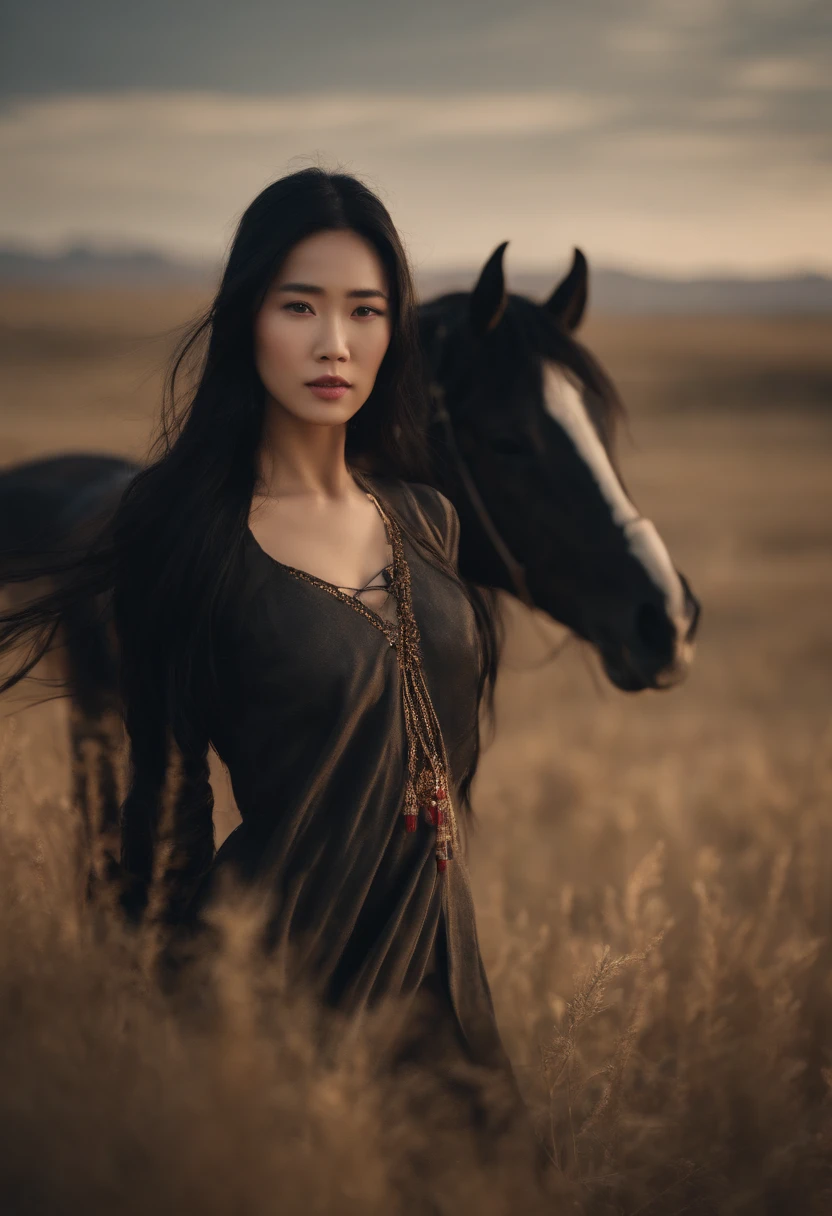 Chinese girl，Long black hair，Very beautiful and sexy，Leaking out of the shoulder，A plump chest, Ride a black horse and walk on the steppe, Realistic, detail, 8K images