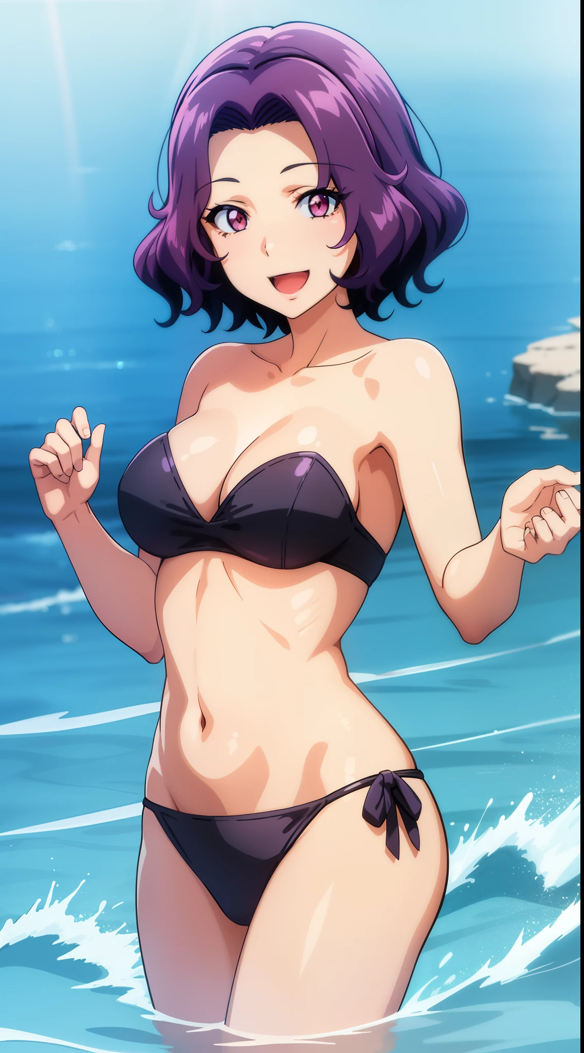 best quality, (masterpiece:1.2), highly detailed, standing, sea, water, splash, sun rays,
1girl, solo, hamaoka azusa,
looking at the viewer, open mouth, smile, (upper body:1.2),
purple eyes, purple hair, short hair, strapless bikini, black bikini