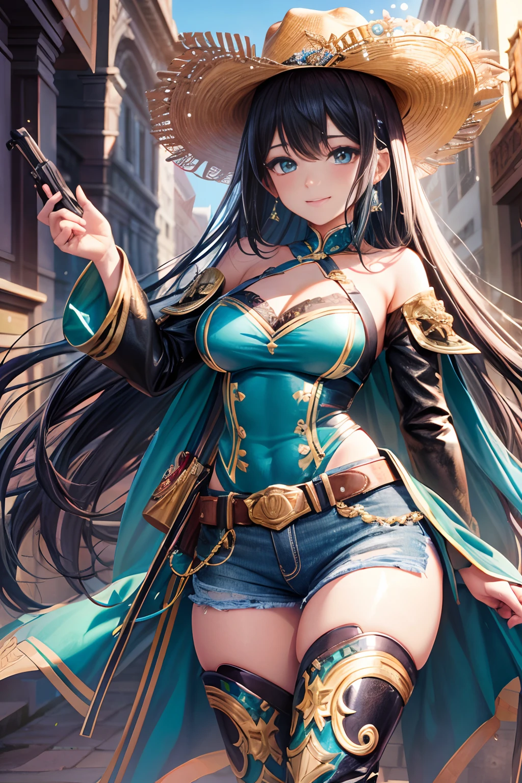 (hoang lap,hight resolution,Hyper-detailing,nffsw),tmasterpiece,best qualtiy,1girll ,Handsome,cabelos preto e longos,A detailed face,A dark-haired、western clothes、Western Boots,western hat、Western Boots、western hat、guns、denim、Dimples、,Glorious glitter、Self-shot,lightsmile,(teal eyes)、Western Boots、full body Esbian