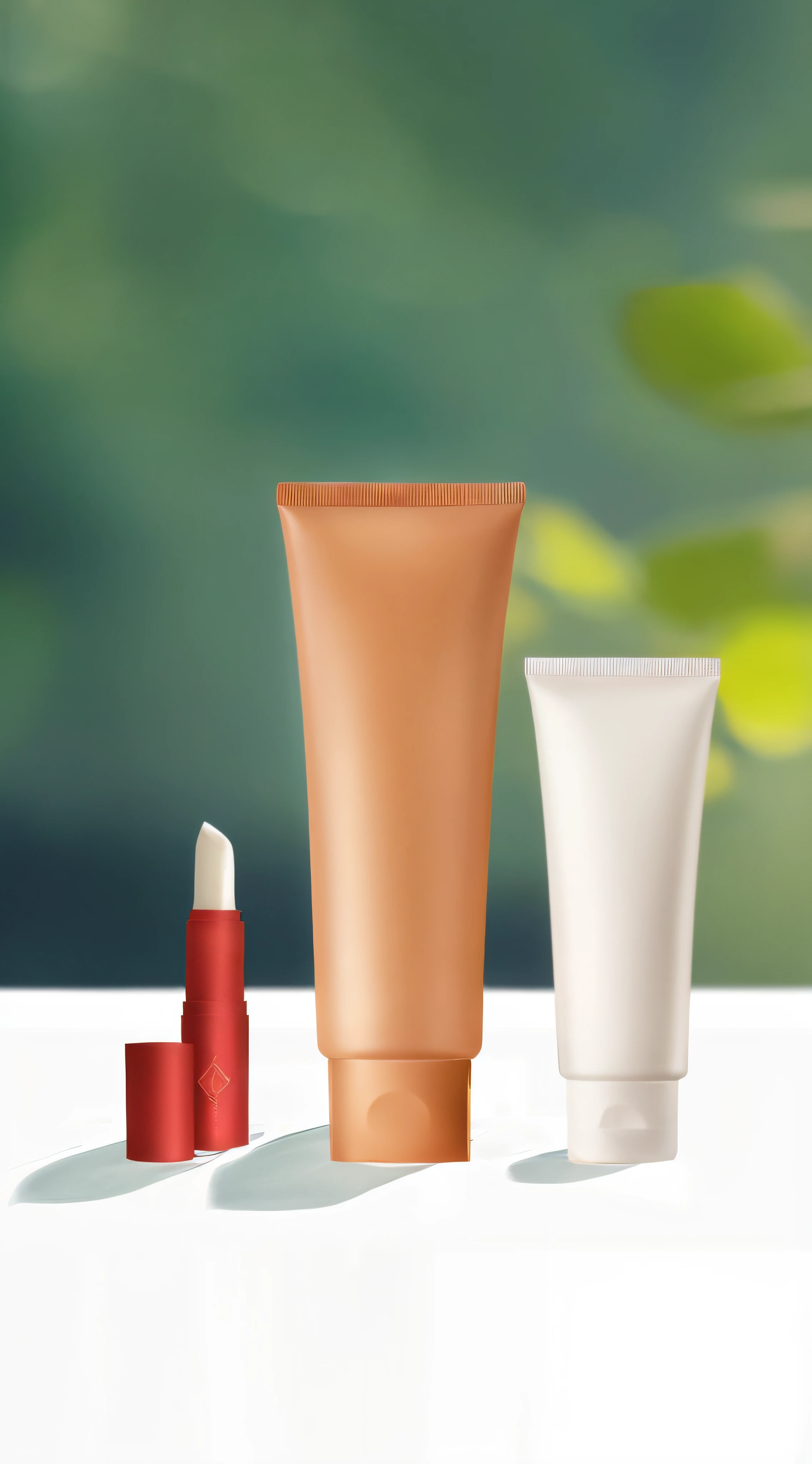 There are three different types of cosmetics on one table, cosmetics, Clean face and body skin, Skincare, wide portrait, skin care, crisp smooth clean lines, high quality topical render, Makeup, highly detailed composition, rendering, glistning skin, silicone skin, !!Natural beauty!!, illustration!, Alternative, photorealistic illustration, The is very detailed, highly detailed scenario