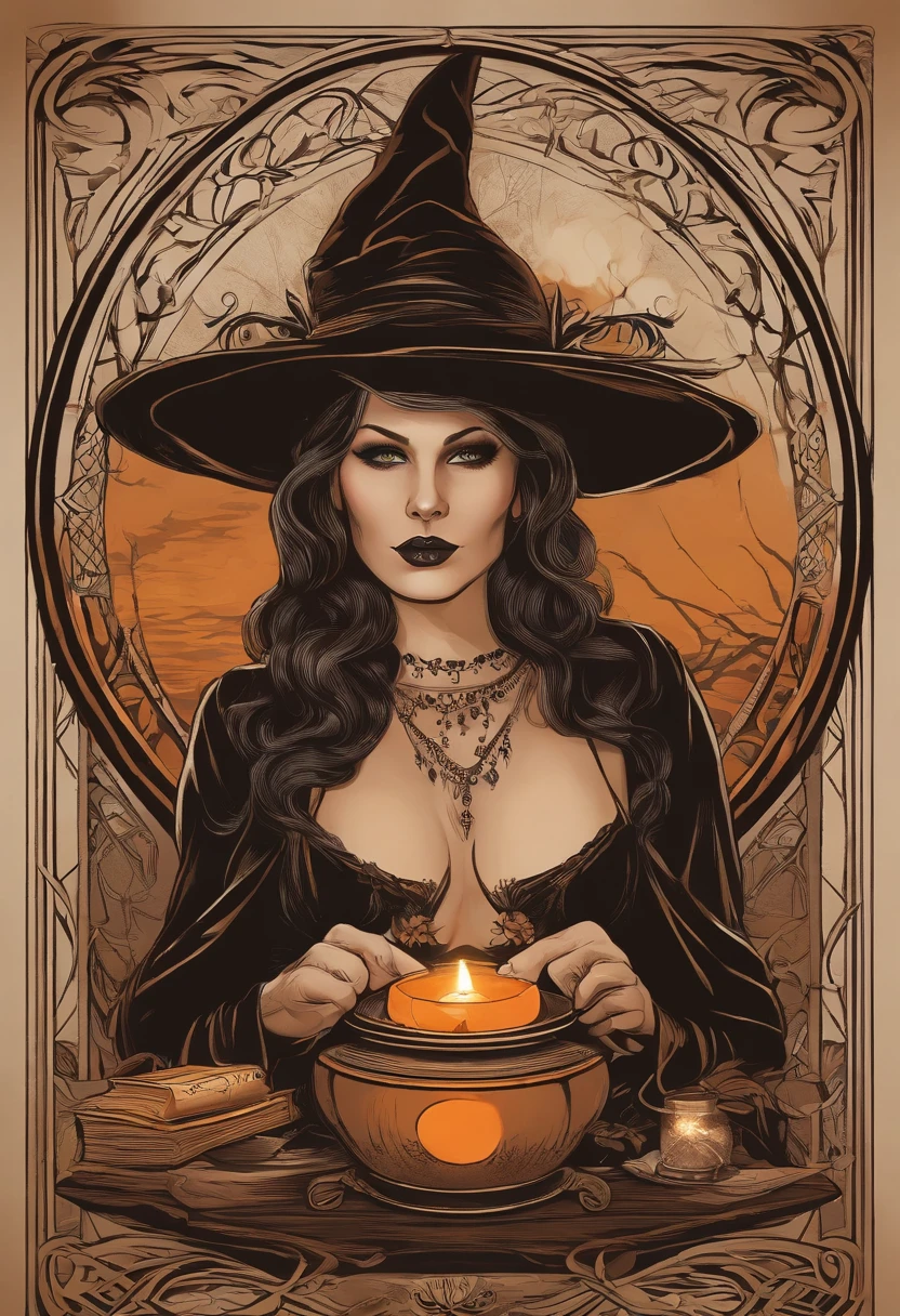 Tattoo convention poster with a tattooed witch with Art Nouveau features, Tragen von traditionellem schwarzem Hexenkleid und Hexenhut mit orange Haaren, In Ihrem detailgetreuen Hexenzimmer, With spellbooks on a wooden table, Shaking a cauldron, Exhaling smoke and summoning spells, Mit deiner schwarzen Katze neben dir, die zuschaut, Vor der Kulisse einer Fantasienacht mit Vollmond und Blick aus dem Schlafzimmerfenster
