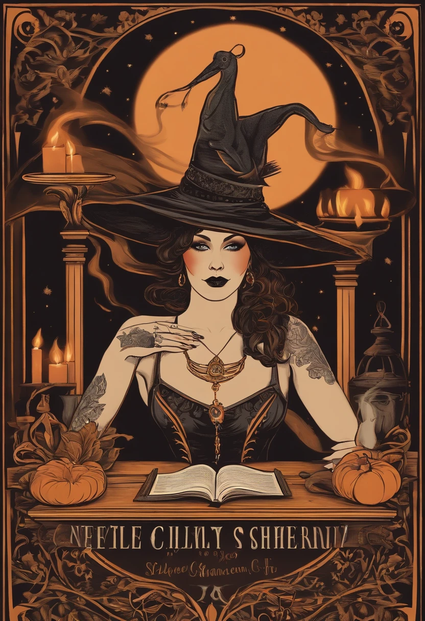 Tattoo convention poster with a tattooed witch with Art Nouveau features, Tragen von traditionellem schwarzem Hexenkleid und Hexenhut mit orange Haaren, In Ihrem detailgetreuen Hexenzimmer, With spellbooks on a wooden table, Shaking a cauldron, Exhaling smoke and summoning spells, Mit deiner schwarzen Katze neben dir, die zuschaut, Vor der Kulisse einer Fantasienacht mit Vollmond und Blick aus dem Schlafzimmerfenster