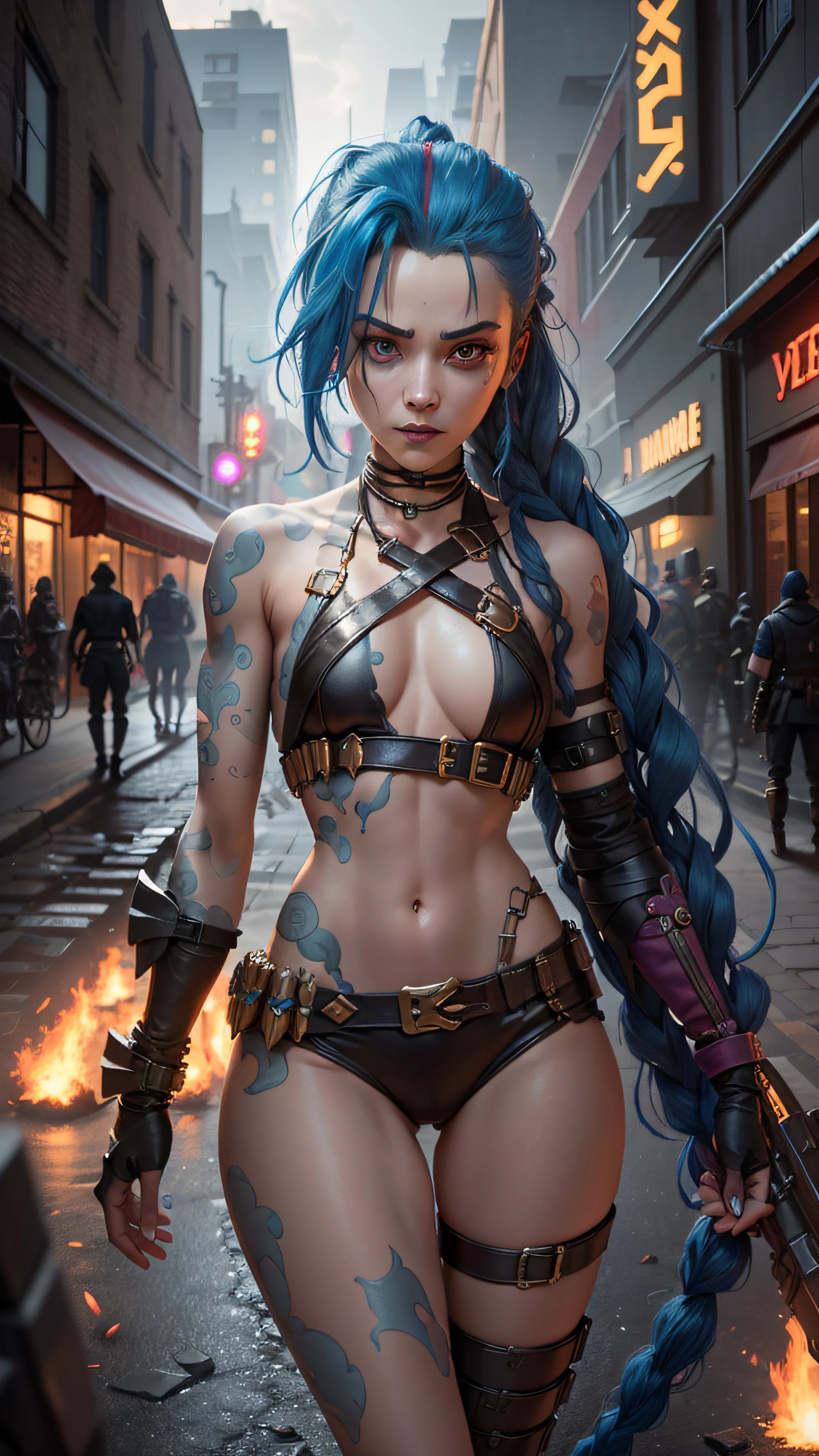 ((Best quality)), ((masterpiece)), (highly detailed:1.3), 3D, arcane style,In the dark and courageous dystopian city of Piltover, plagued by violence and divided into two opposing factions, a young prodigy named Jinx emerges. Having endured unimaginable loss and abandonment, she embraced a life of chaos and destruction. Known for her inventive and explosive abilities, Jinx becomes an icon of rebellion against the oppressive forces that control the city. However, haunted by guilt and battling inner demons, she must confront her past and decide whether to continue on the path of anarchy or seek redemption amid the turmoil. Explore Jinx's journey as she navigates a treacherous world, fighting for survival, unlocking secrets, and discovering the true meaning of her twisted existence, chaos reigns supreme, and at the center of it all is Jinx, the embodiment of unpredictability. Delve deep into Jinx's twisted mind, exploring the origins of his madness and the driving force behind his destructive nature. Unravel the moments that shaped her into the crazed, iconic character we know. Take us on a wild journey through the vibrant streets of Piltover and the shadowy suburb of Zaun as Jinx wreaks havoc with his explosive arsenal. Can redemption find its way into Jinx's fractured soul? Or will she dance forever on the edge of sanity, embracing the chaos that fuels her very existence? Arcane's fate hangs in the balance as Jinx's path intertwines with unlikely allies and formidable enemies. Ignite your imagination and paint a vivid portrait of Jinx's distorted psyche, capturing the essence of her madness and the indomitable spirit that defines it, HDR (High Dynamic Range), Ray Tracing, NVIDIA RTX, Super-Resolution, Unreal 5, Subsurface Scattering, PBR Texturing, Post-processing, Anisotropic Filtering, Depth of Field, Maximum Clarity and Sharpness, Multit Textures