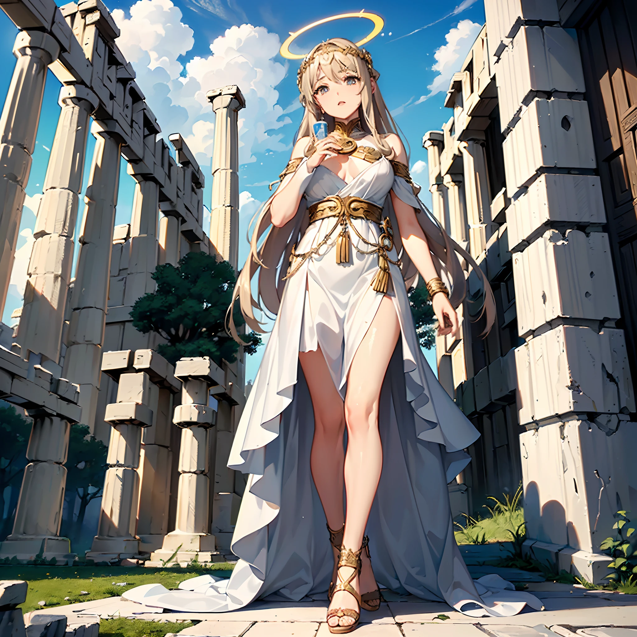 (8K, Best quality, tmasterpiece:1.2),\(eye detailed\),\(Facial features\),(\(Clothes detail details\)\),(Medium breasts),full bodyesbian,(Facial focus) ,Very detailed CG unity 8K wallpaper,hugefilesize,ultra - detailed,A high resolution,absurderes,beautidful eyes,Ray traching,finely detailled,Dramatic angles,Hyper-detailing,(1 girl:1.3),(Solo),Shoulder-length hair,high detailed pupils,(A halo hanging overhead:1.3)+(//There is a pair of wings on the back，The shape of the wings resembles the wings of a swan：1.3//),(Greek costume design style dress：1.4),(atheletic body:1.2),(Drink water in your hands:1.2)+(In heaven，There is a magnificent ancient Greek temple:1.3)+[(Inception:1.2)]