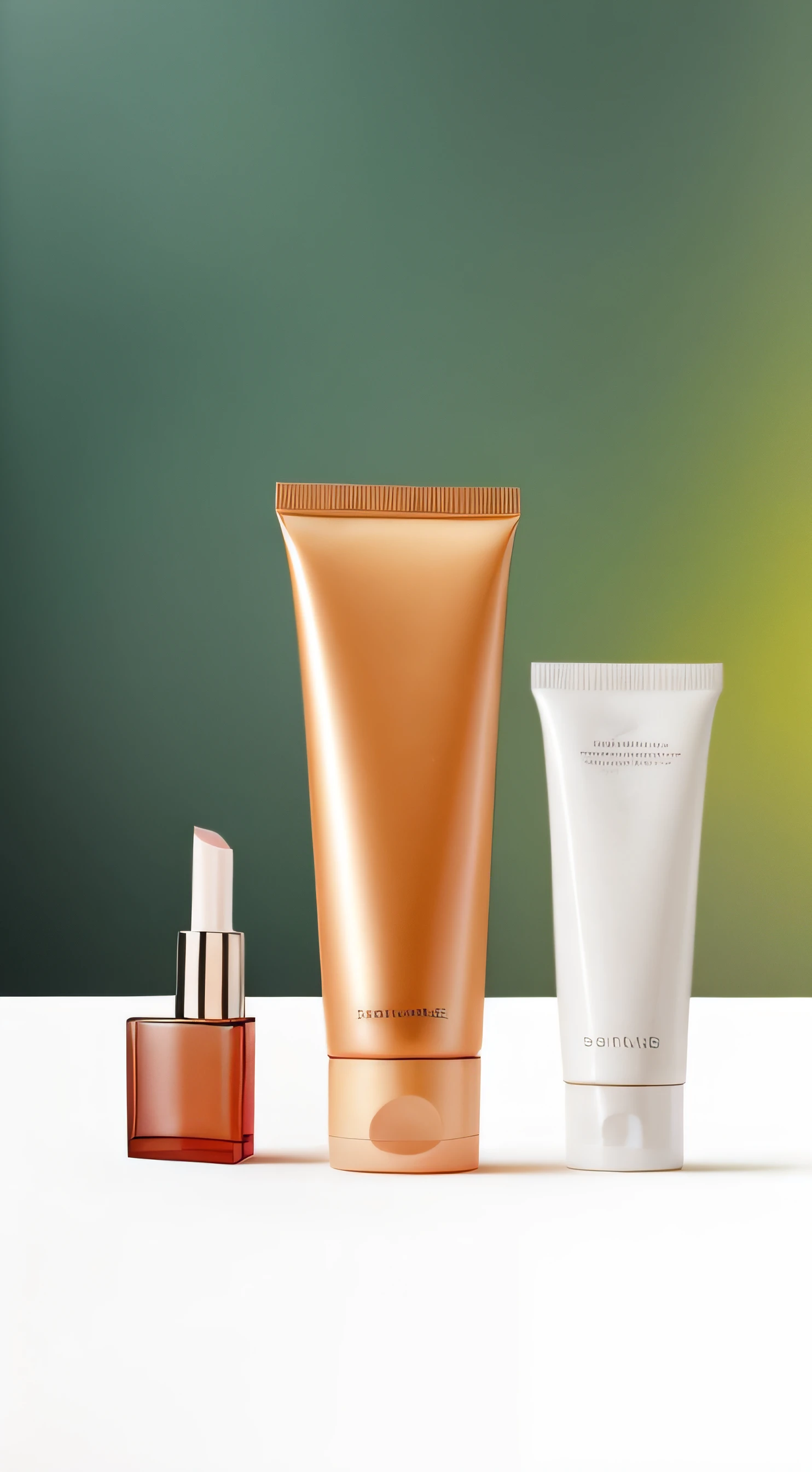 There are three different types of cosmetics on one table, cosmetics, Clean face and body skin, Skincare, wide portrait, skin care, Makeup, crisp smooth clean lines, high quality topical render, photorealistic illustration, highly detailed composition, glistning skin, illustration!, rendering, Alternative, !!Natural beauty!!, realistic scene, highly detailed scenario, The is very detailed