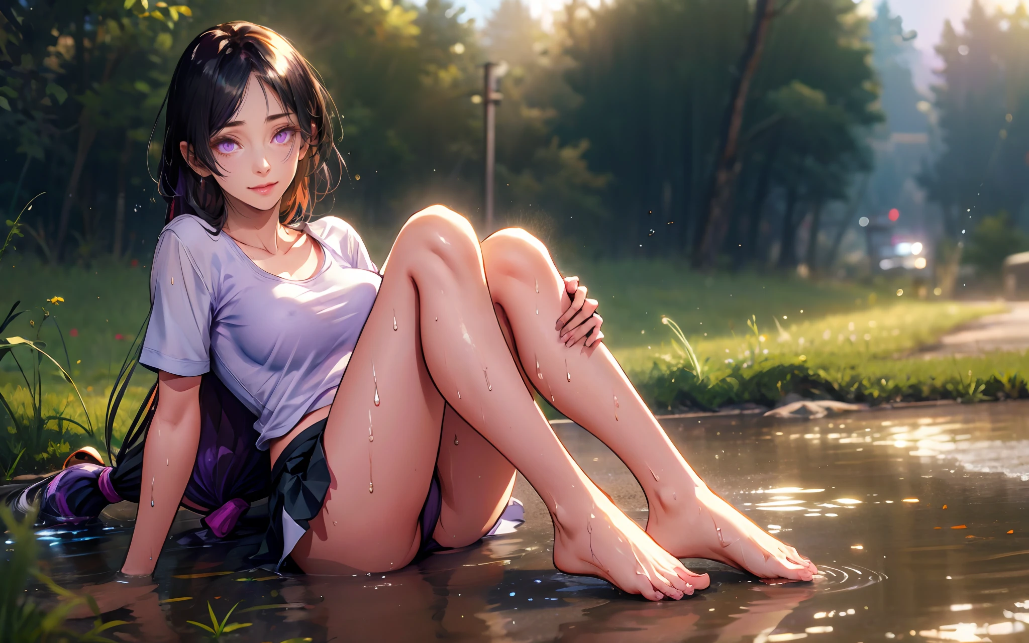 (long hair, dark-purple hair:1.7), purple eyes, glowing eyes, masterpiece, best quality, (highres:1.4), (sagging breasts:1.4), hollow eyes, sweating, smirk, upper teeth, looking at viewer, 1girl, barefoot, feet, wet, sitting, solo, breasts, wet_clothes, underwear, toes, blush, arm_support, looking_at_viewer, panties, grass, knees_up, outdoors, short_sleeves, bare_legs, skirt, day, on_ground, shirt, large_breasts, black_panties, collarbone, school_uniform, legs, wet_shirt, toenails, nature, glow effects, godrays, Hand drawn, render, 8k, octane render, cinema 4d, blender, dark, atmospheric 4k ultra detailed, cinematic, Sharp focus, big depth of field, Masterpiece, colors, 3d octane render, 4k, concept art, trending on artstation, hyperrealistic, Vivid colors, extremely detailed CG unity 8k wallpaper, trending on CGSociety, Intricate, High Detail, dramatic,