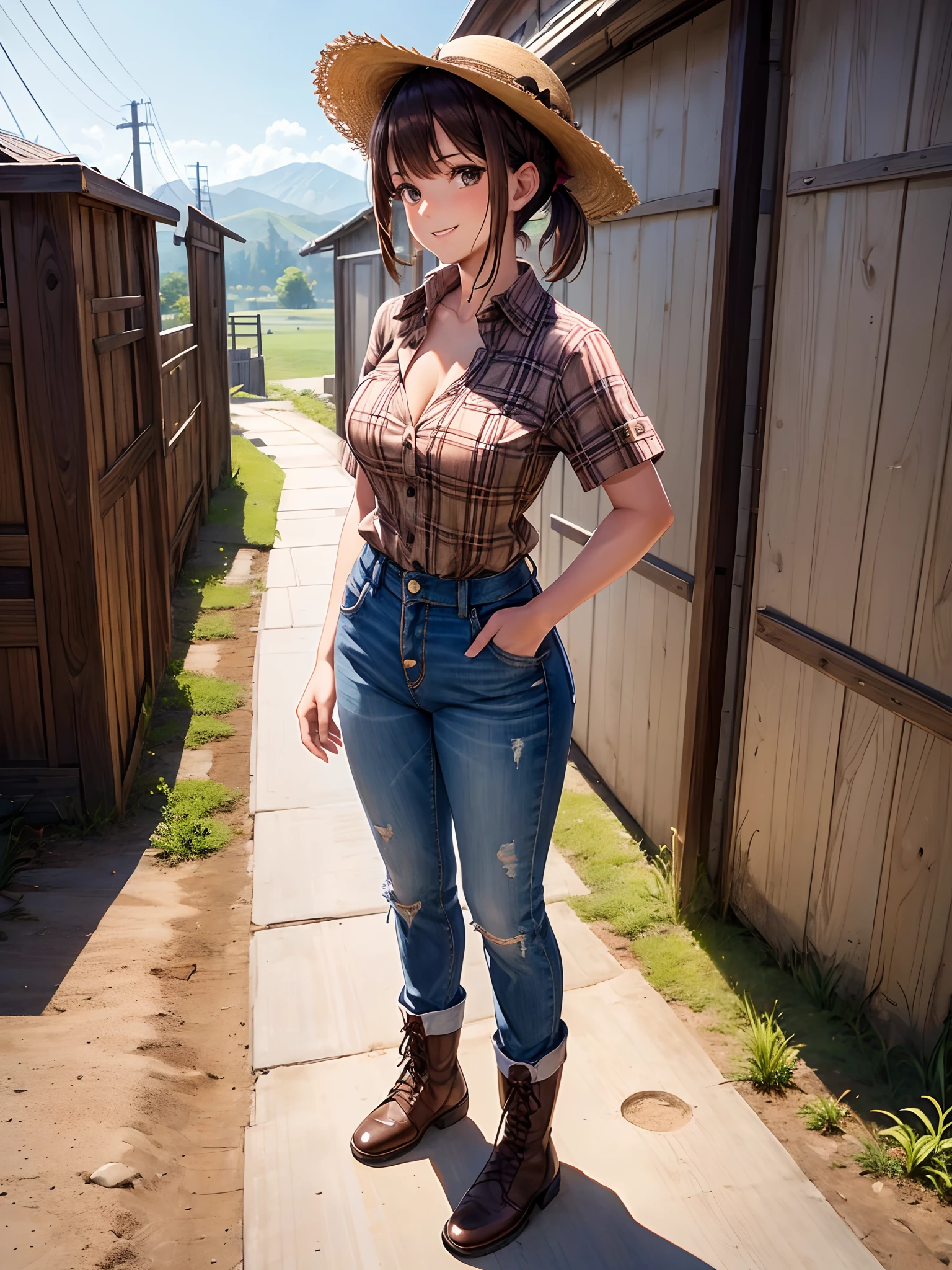 1girl, solo, rural landscape, serious looking, strawhat, short hair, brown hair, twin ponytails, low ponytails, large breasts, cleavage, brown eyes, looking at the viewer, full body, smile, ((checked shirt)), ((short sleeved shirt)), boots, spur, short jeans, button down, ((brown shirt)), hand on hip