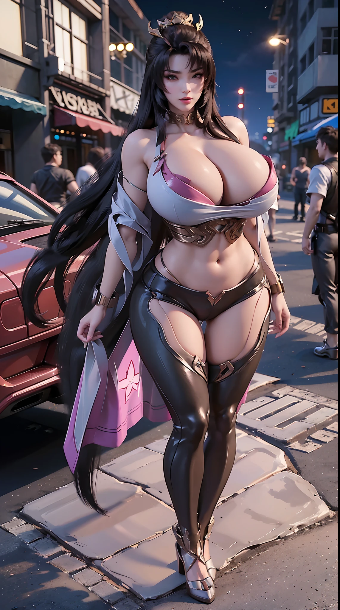 (ULZZANG), (HUGE FAKE BOOBS:1.2), (STREET CITY NIGHT), (FUTURISTIC MECHA CROP TOP:1), (CLEAVAGE), (SKINTIGHT YOGA PANTS:1), (HIGH HEELS), (PERFECT BODY:1.2), (FULL BODY:1.2), (LOOKING AT VIEWER), (STANDING:1.3), SEXY BODY, (MUSCLE ABS:1), UHD, 8K, 1080P.