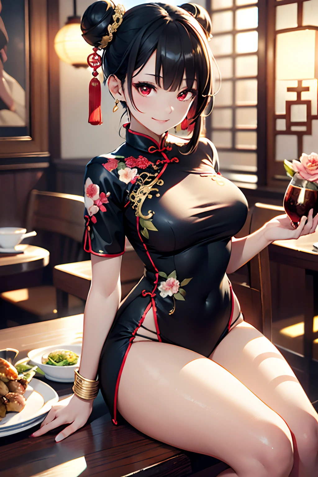 (Best Quality、Unity 8k壁纸、32K、masutepiece、ultra-detailliert、超A high resolution、Impresionismo、Photorealsitic:1.2)、Dynamic lighting、dynamic shot、Detailed 3D rendering、Moody lighting、Detailed beautiful face and eyes、A slender、Medium bust、Full body、 Highly detailed background、Chinese Restaurant、Carry dishes、beauitful face、blurry backround、a beauty girl、super detailed skin、Black hair、short-hair、Double bun、Red Eyes、Red cheongsam with gold thread embroidery、Wearing high heels、Floral hair ornament、miscievous smile、(thighs thighs thighs thighs:0.9)、dynamicposes、