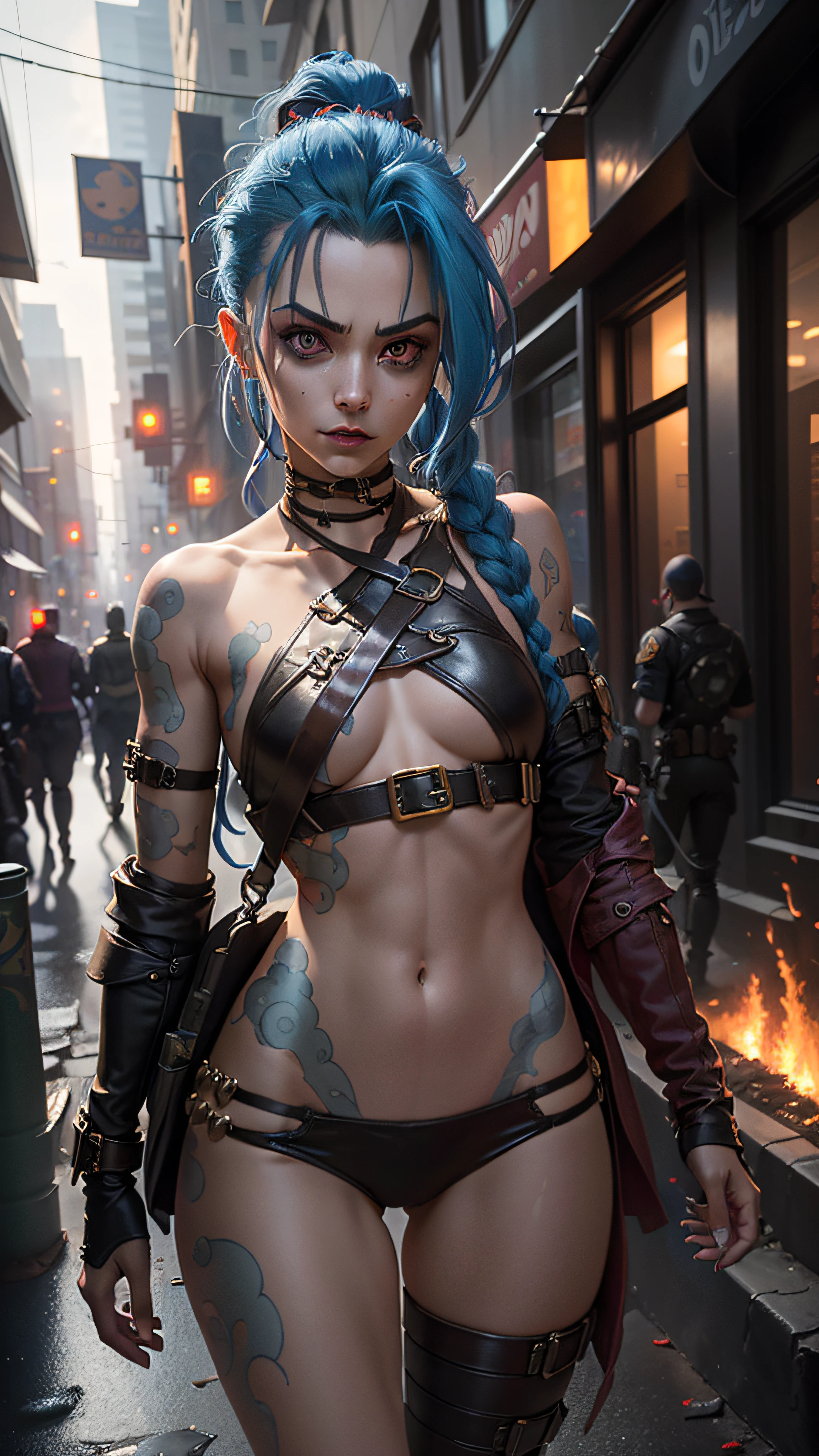 ((Best quality)), ((masterpiece)), (highly detailed:1.3), 3D, arcane style,In the dark and courageous dystopian city of Piltover, plagued by violence and divided into two opposing factions, a young prodigy named Jinx emerges. Having endured unimaginable loss and abandonment, she embraced a life of chaos and destruction. Known for her inventive and explosive abilities, Jinx becomes an icon of rebellion against the oppressive forces that control the city. However, haunted by guilt and battling inner demons, she must confront her past and decide whether to continue on the path of anarchy or seek redemption amid the turmoil. Explore Jinx's journey as she navigates a treacherous world, fighting for survival, unlocking secrets, and discovering the true meaning of her twisted existence, chaos reigns supreme, and at the center of it all is Jinx, the embodiment of unpredictability. Delve deep into Jinx's twisted mind, exploring the origins of his madness and the driving force behind his destructive nature. Unravel the moments that shaped her into the crazed, iconic character we know. Take us on a wild journey through the vibrant streets of Piltover and the shadowy suburb of Zaun as Jinx wreaks havoc with his explosive arsenal. Can redemption find its way into Jinx's fractured soul? Or will she dance forever on the edge of sanity, embracing the chaos that fuels her very existence? Arcane's fate hangs in the balance as Jinx's path intertwines with unlikely allies and formidable enemies. Ignite your imagination and paint a vivid portrait of Jinx's distorted psyche, capturing the essence of her madness and the indomitable spirit that defines it, HDR (High Dynamic Range), Ray Tracing, NVIDIA RTX, Super-Resolution, Unreal 5, Subsurface Scattering, PBR Texturing, Post-processing, Anisotropic Filtering, Depth of Field, Maximum Clarity and Sharpness, Multit Textures